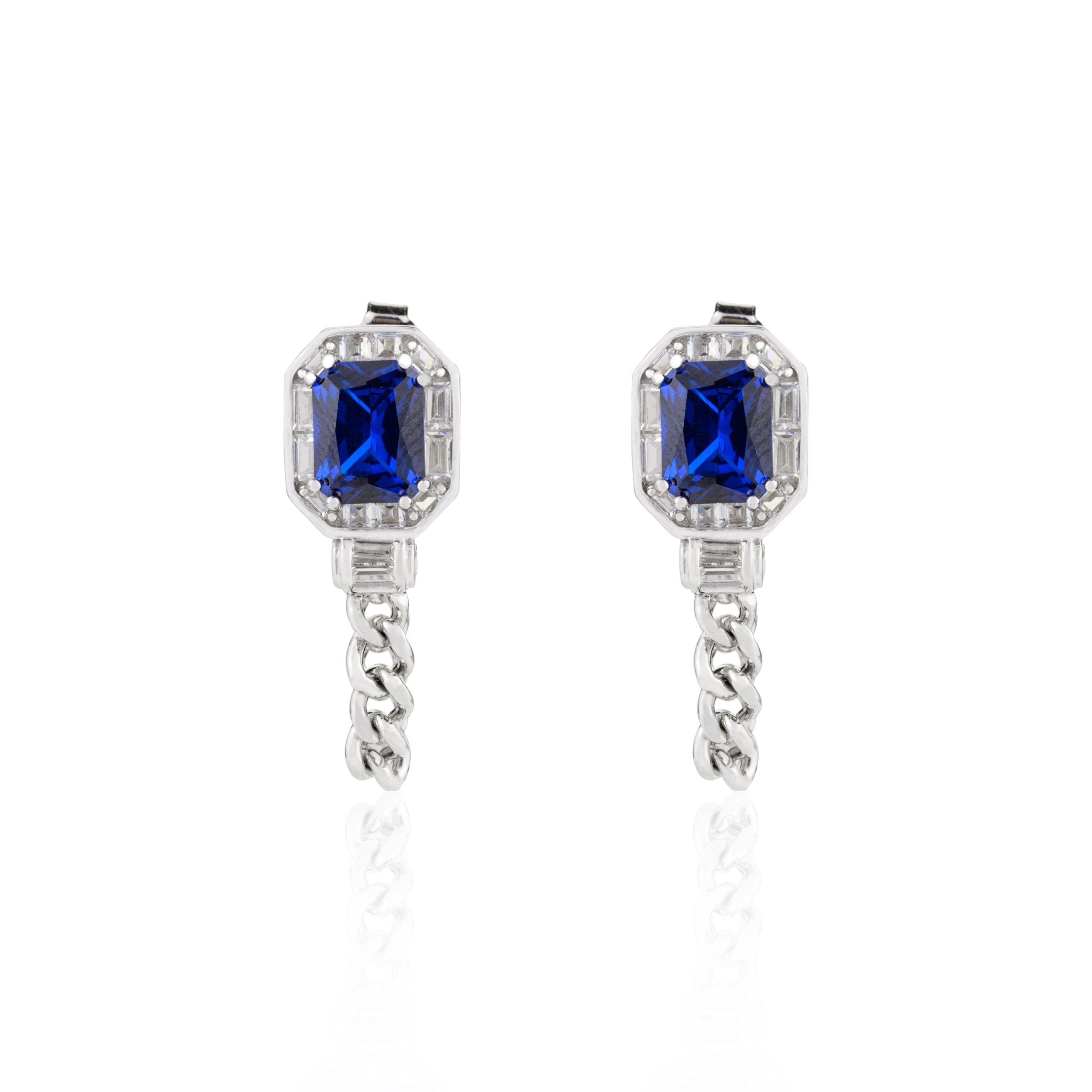 Blue Sapphire Diamond Studs with Dangling Chain