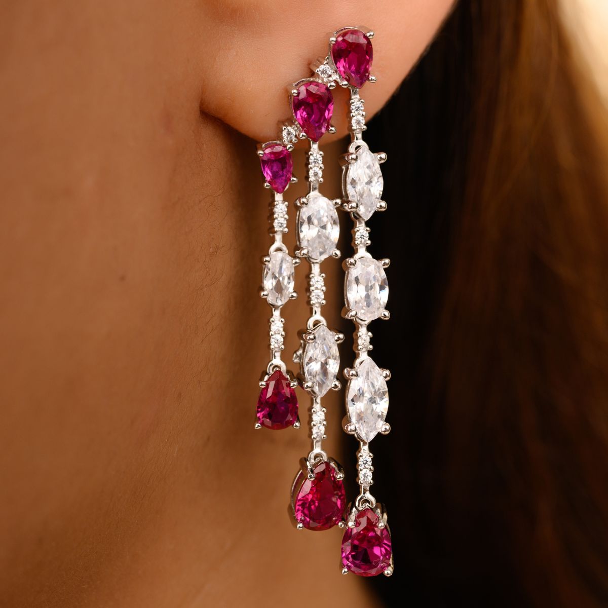 Ruby Cz Diamond Drops Chandelier Dangle Earrings