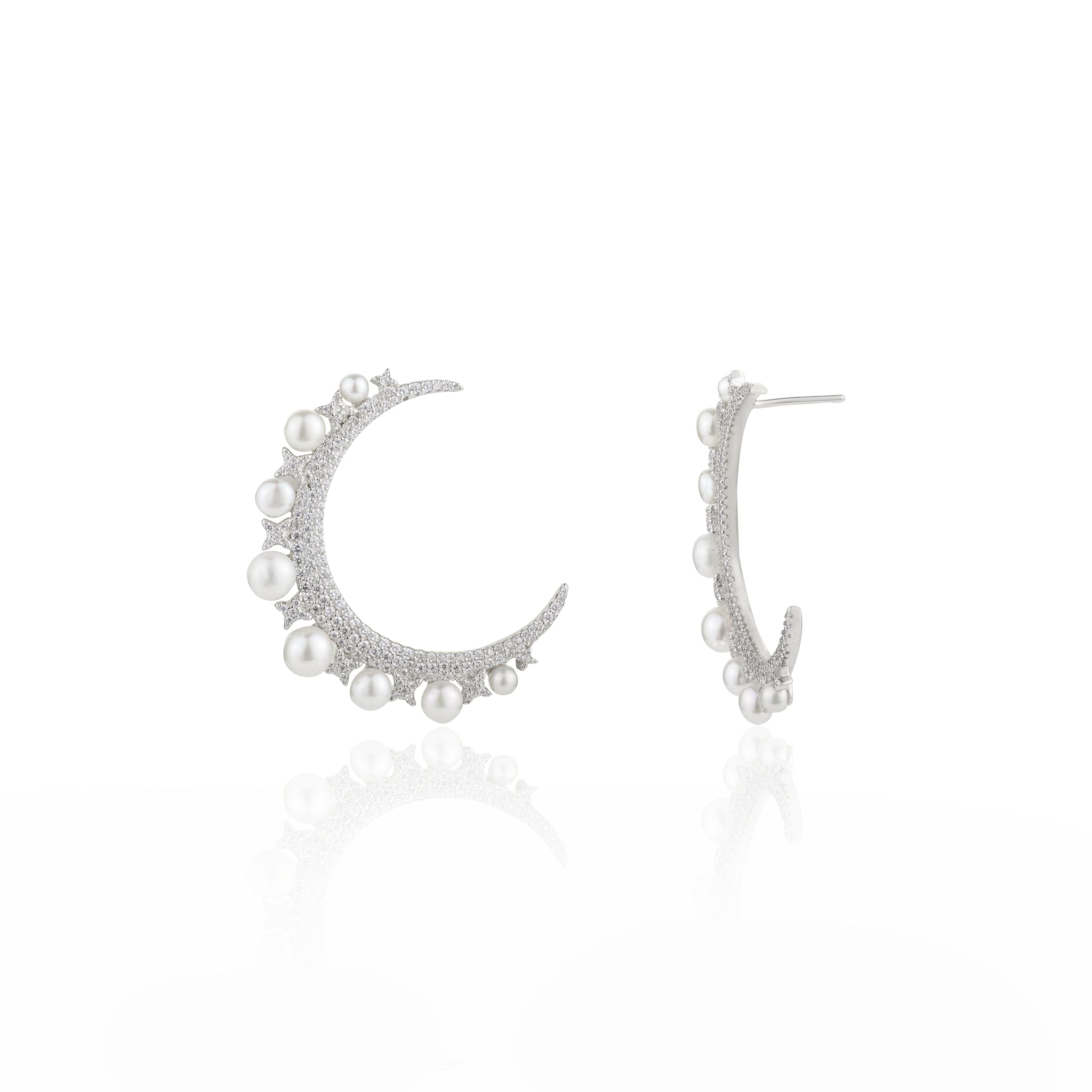 Pearl Half Moon Silver Earrings
