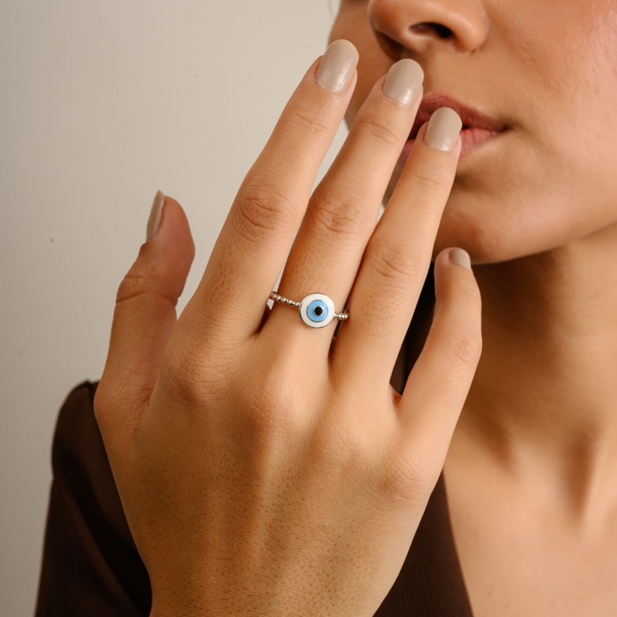 Light Blue Evil Eye Charm Silver Ring