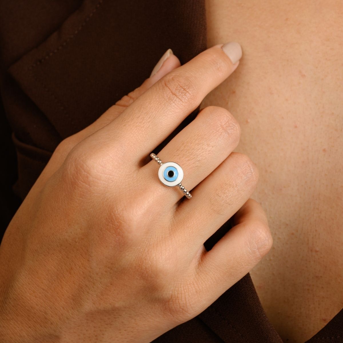 Light Blue Evil Eye Charm Silver Ring