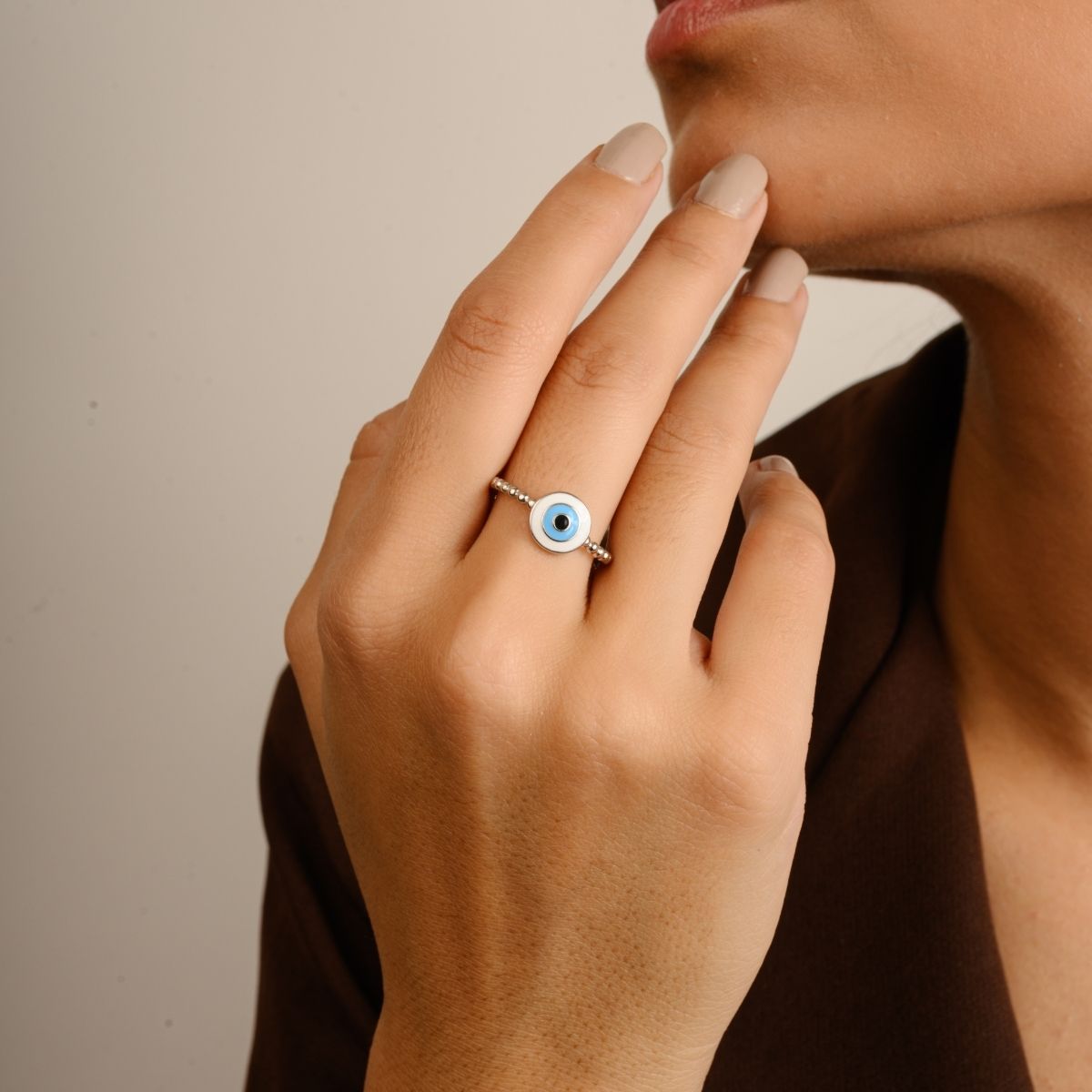 Light Blue Evil Eye Charm Silver Ring
