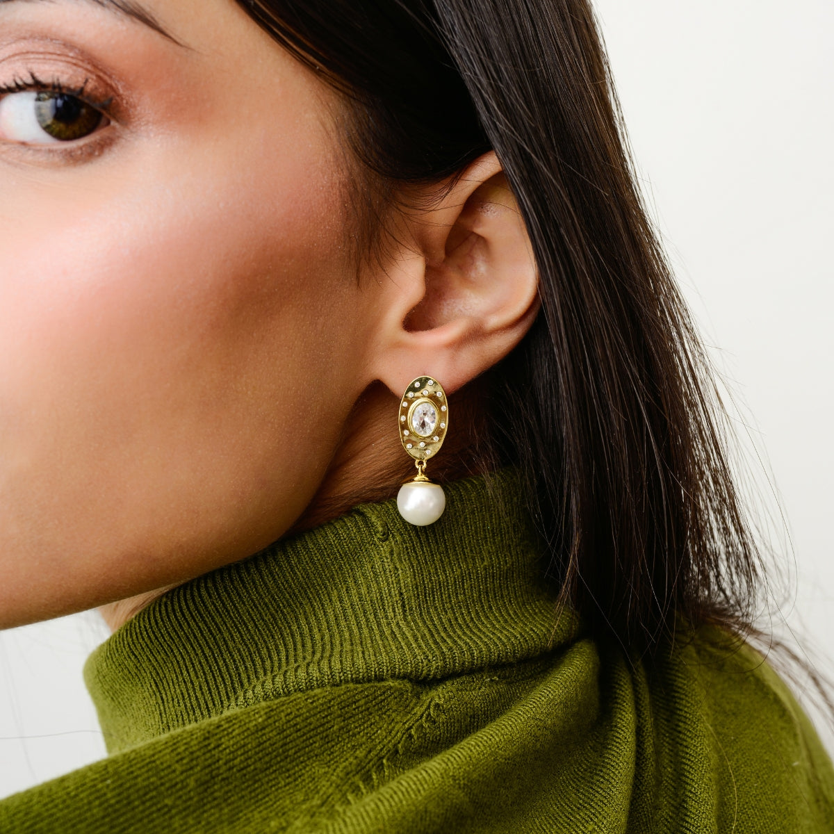 Gold finish Pearl Drop Silver Stud Earrings