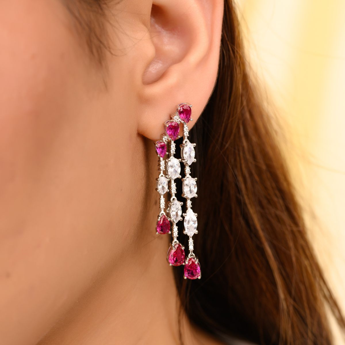 Ruby Cz Diamond Drops Chandelier Dangle Earrings