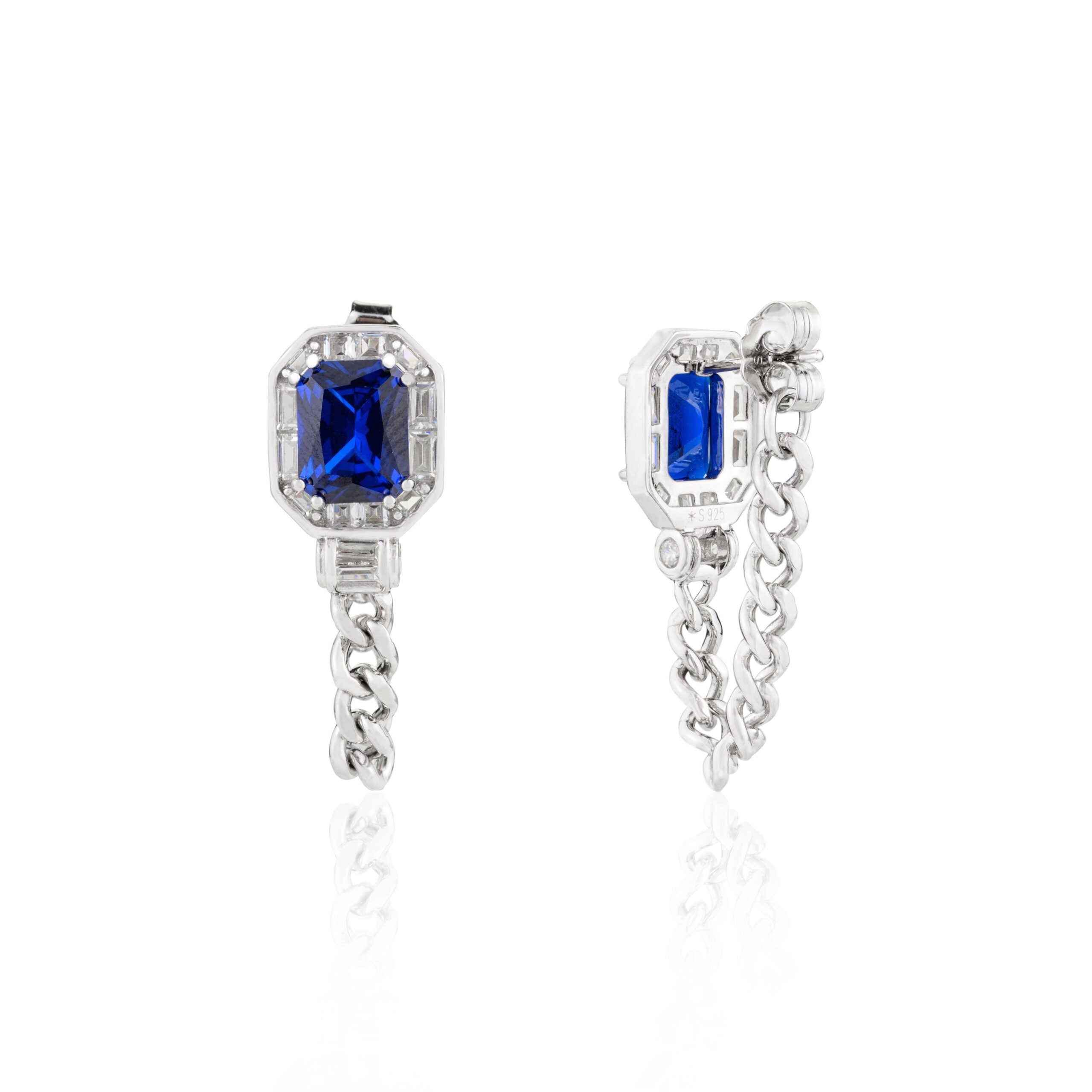 Blue Sapphire Diamond Studs with Dangling Chain