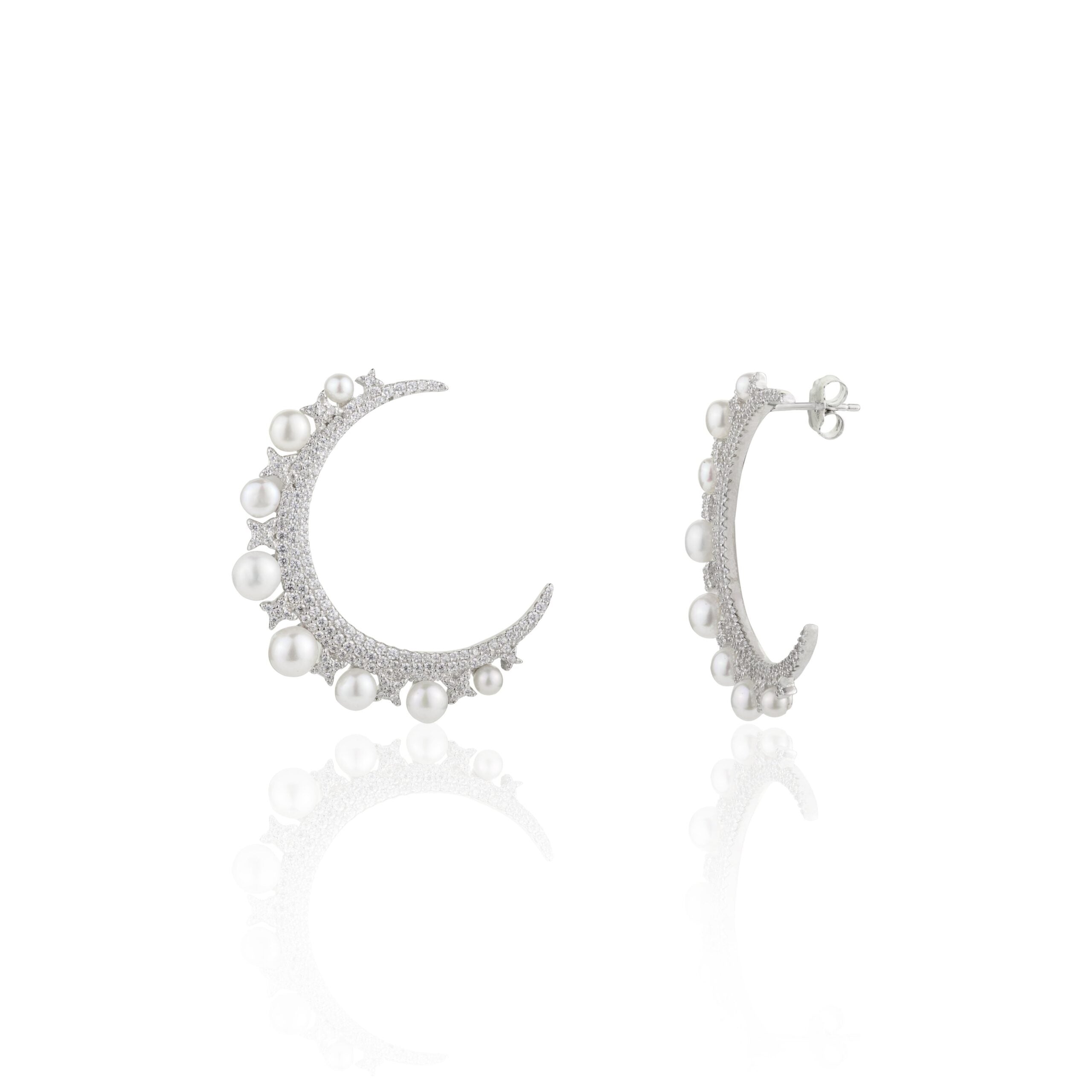 Pearl Half Moon Silver Earrings