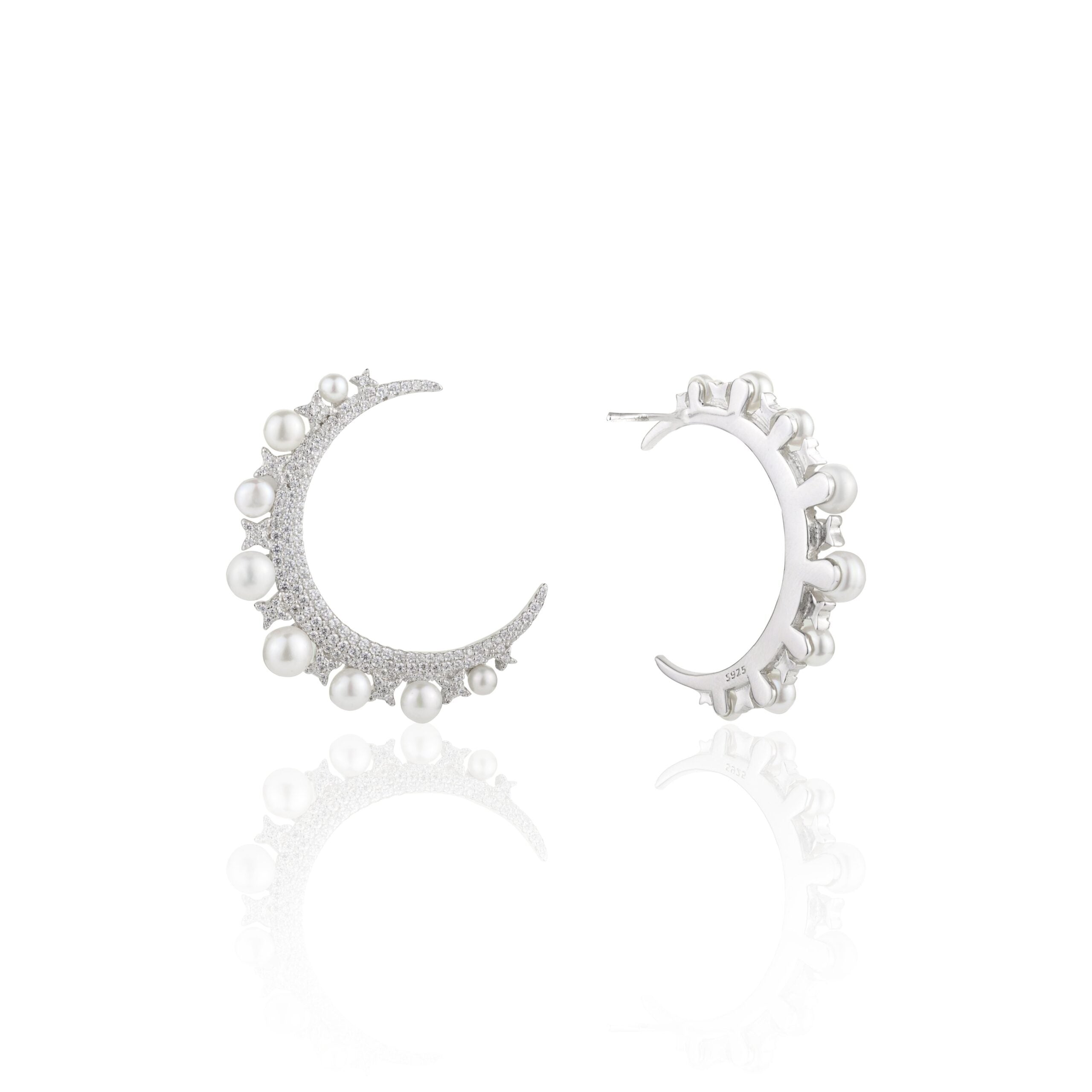 Pearl Half Moon Silver Earrings
