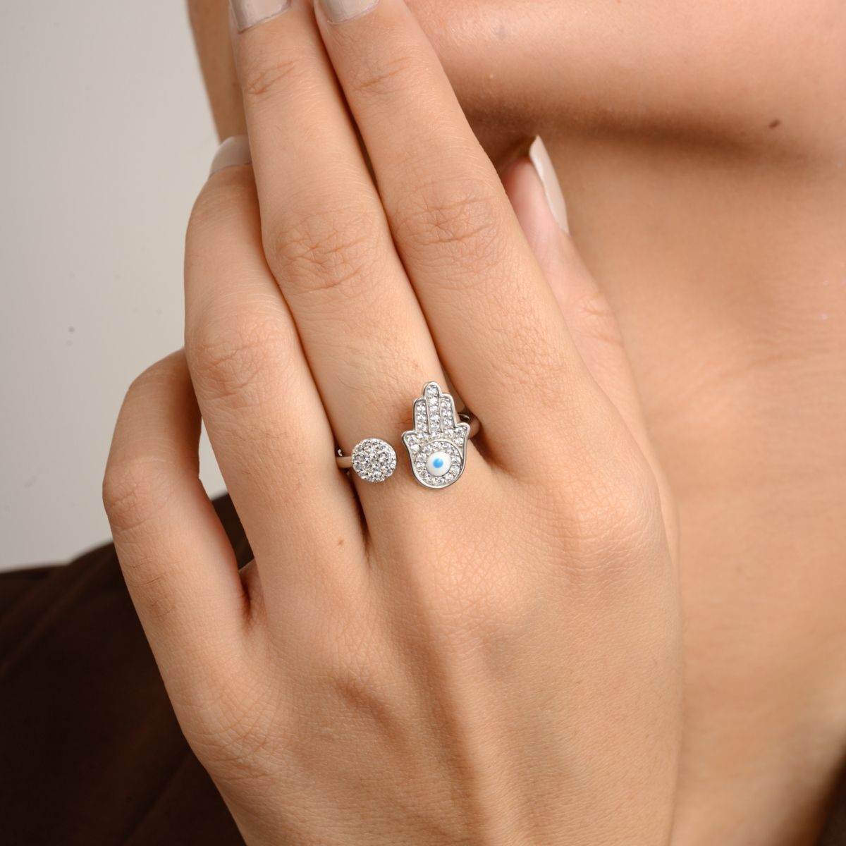 Evil Eye Hamsa Open Silver Ring