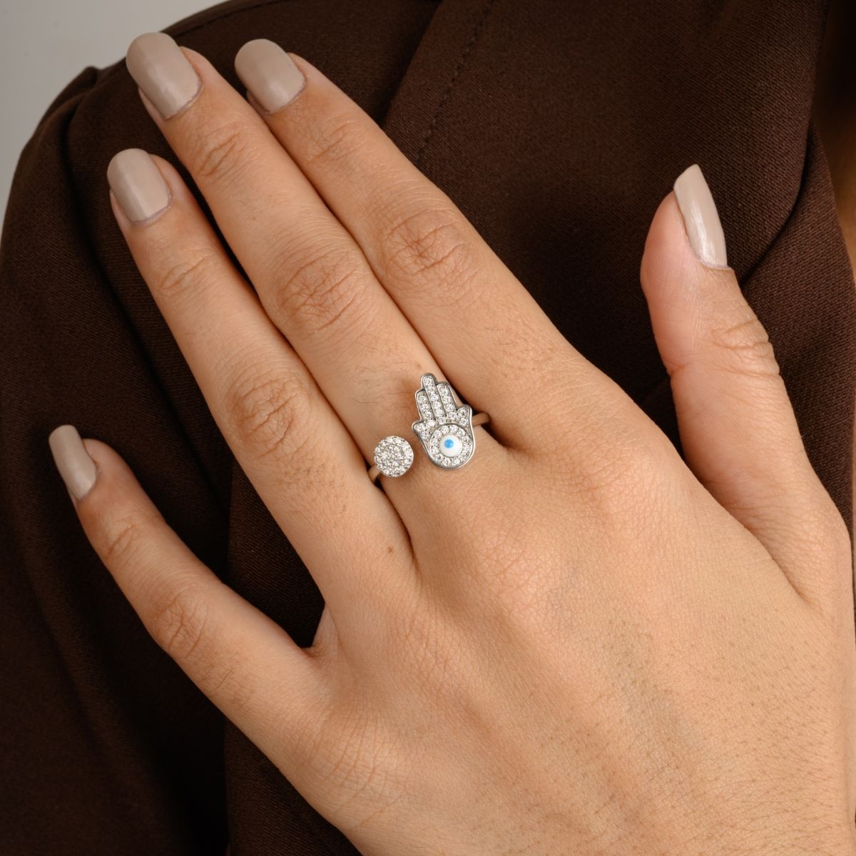 Evil Eye Hamsa Open Silver Ring