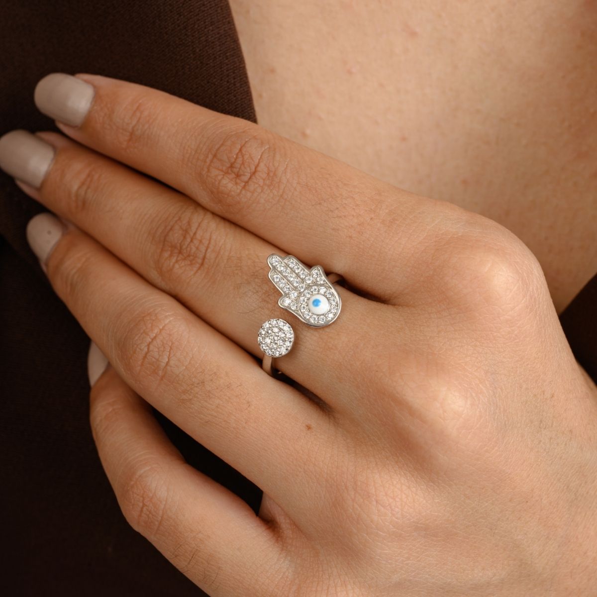 Evil Eye Hamsa Open Silver Ring