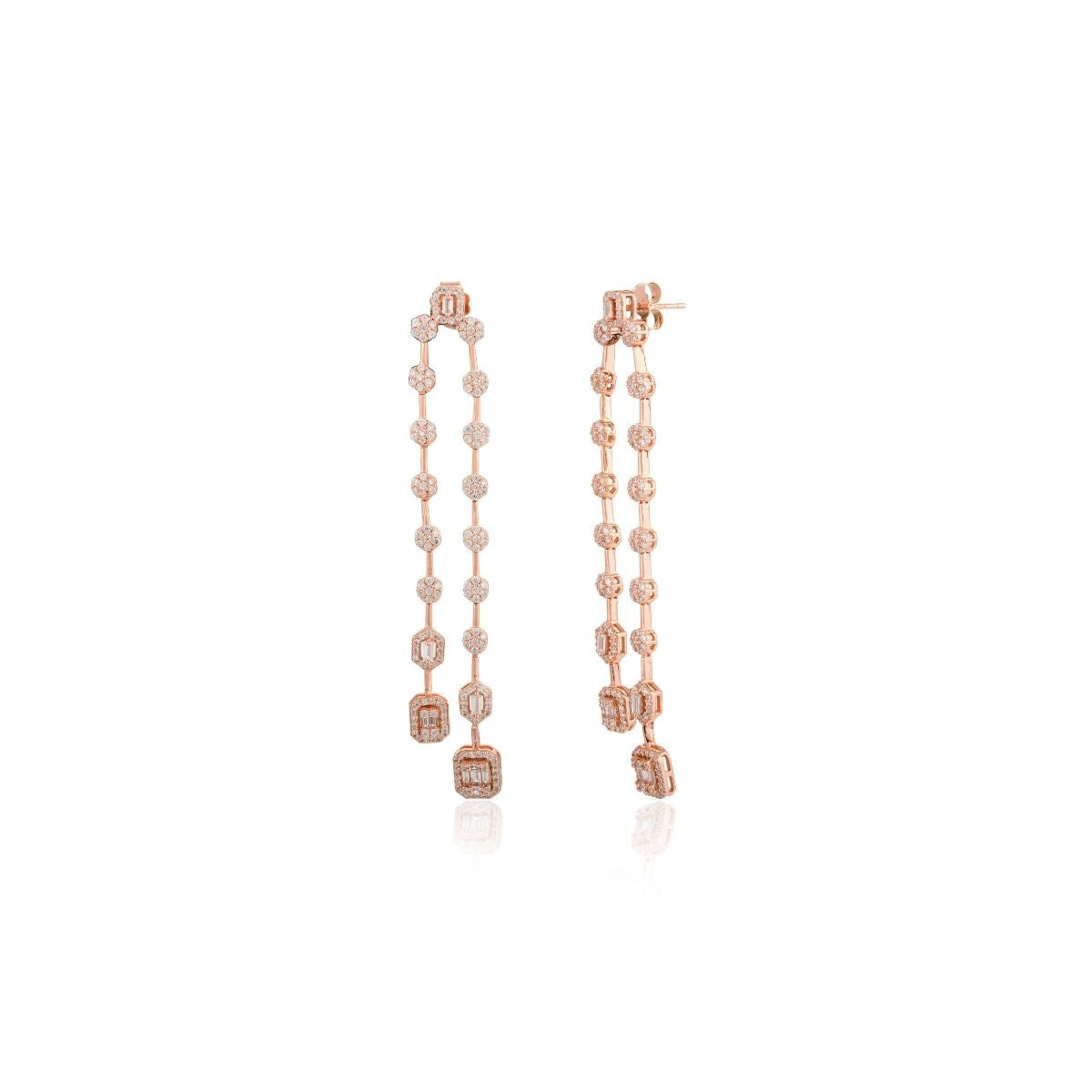 Rose Gold Linear Drop CZ Diamond Dangle Earrings
