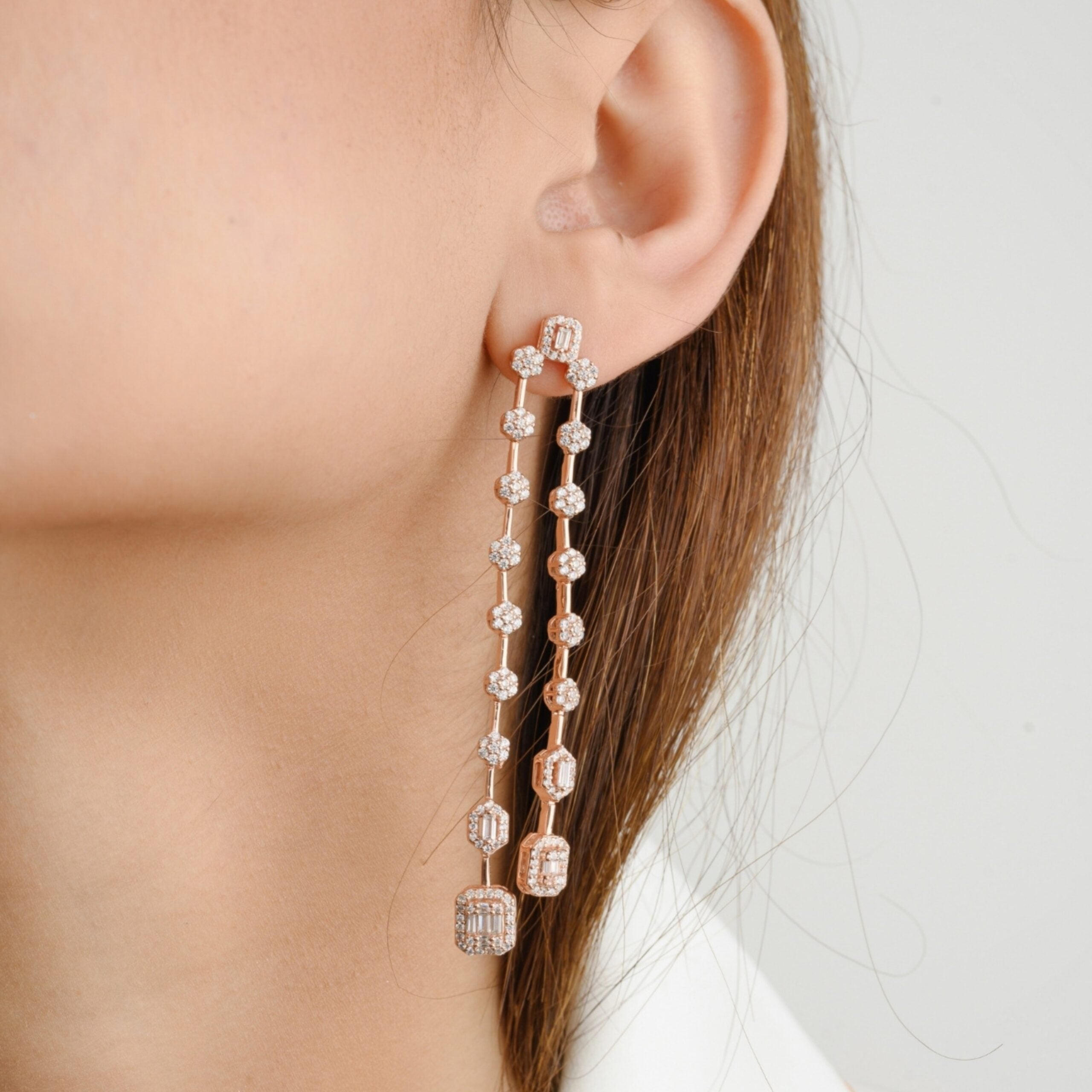 Rose Gold Linear Drop CZ Diamond Dangle Earrings