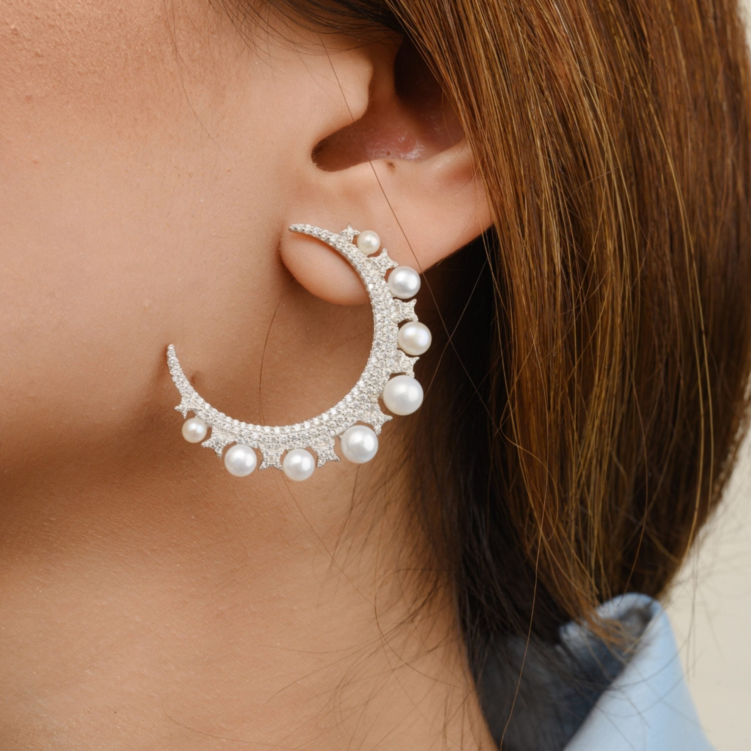 Pearl Half Moon Silver Earrings