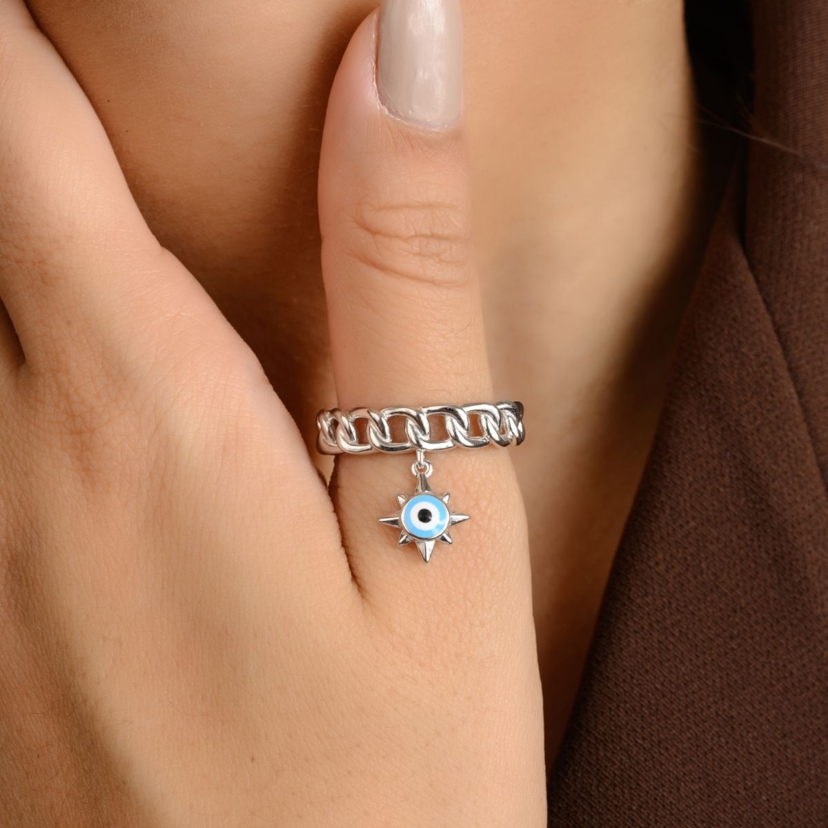 Evil Eye Charm Silver Protection Ring