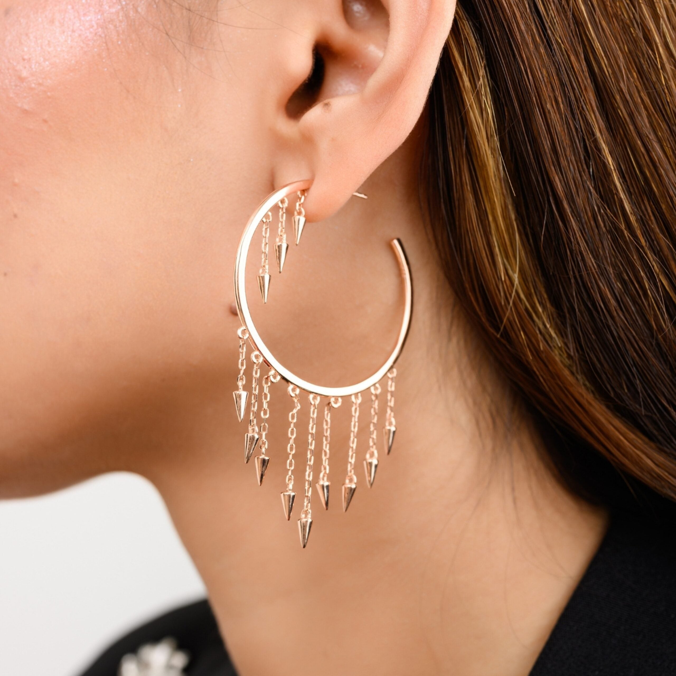 Rose Gold Open Hoops with Spikes Chain