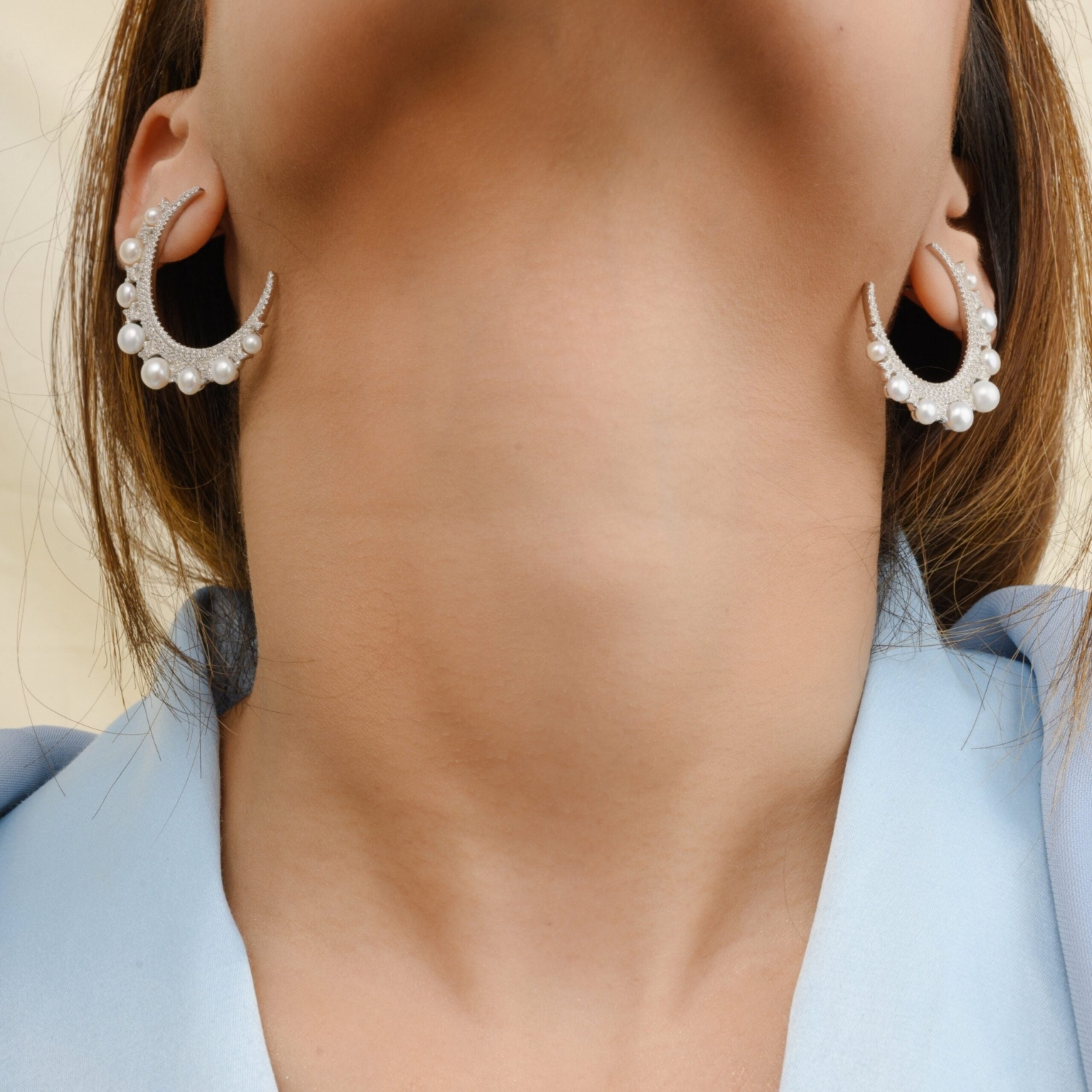 Pearl Half Moon Silver Earrings