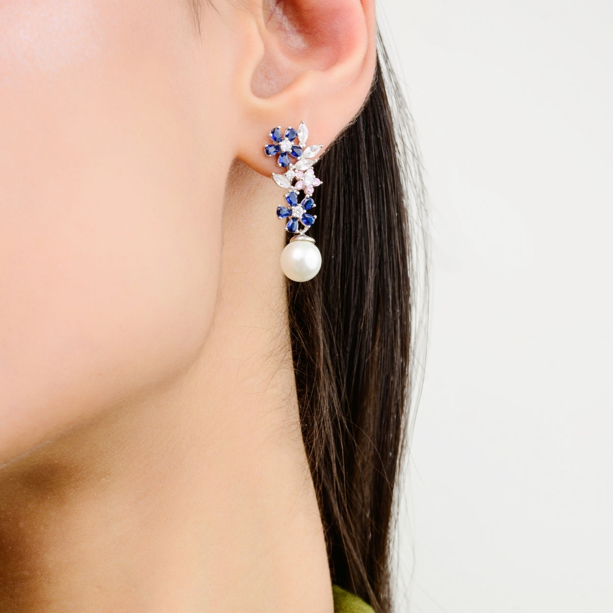 925 Silver CZ Crystals and Pearl Necklace Set with Matching Earrings