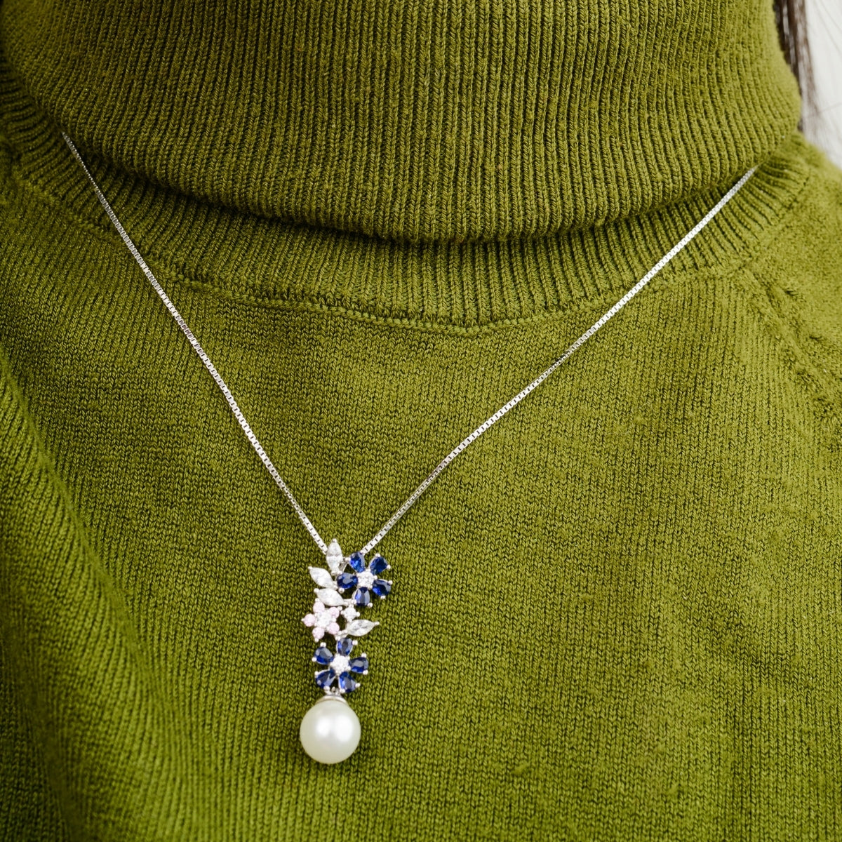 925 Silver CZ Crystals and Pearl Necklace Set with Matching Earrings