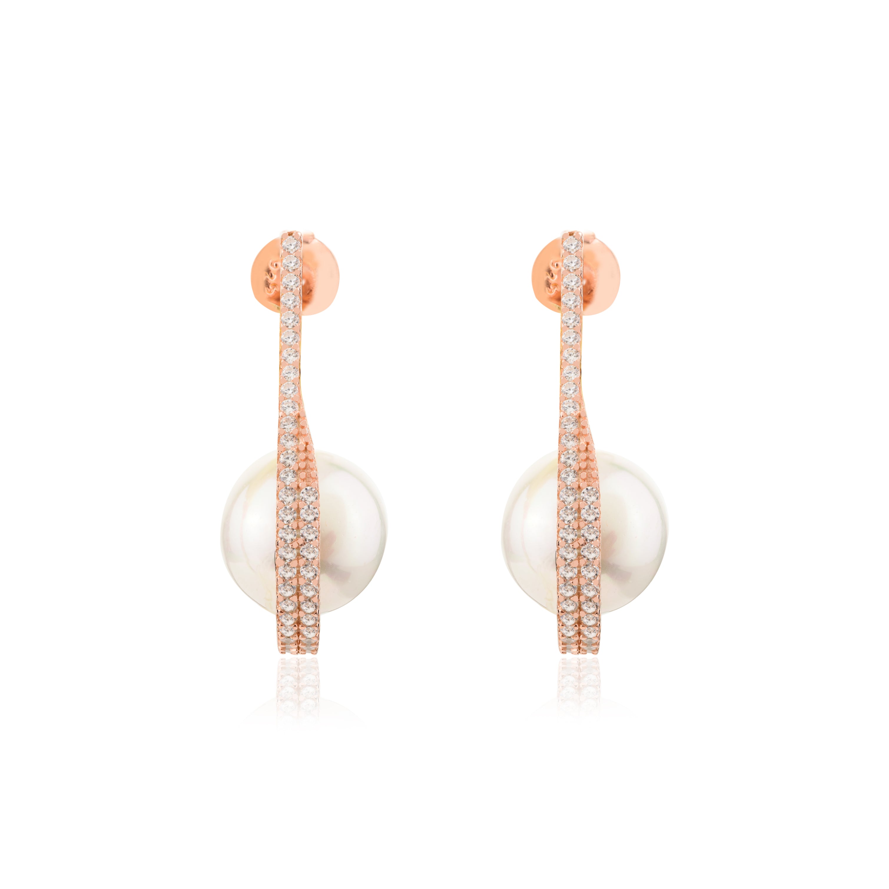 925 Silver CZ Diamond Accents Pearl Drop Earrings in Rose Gold Finish