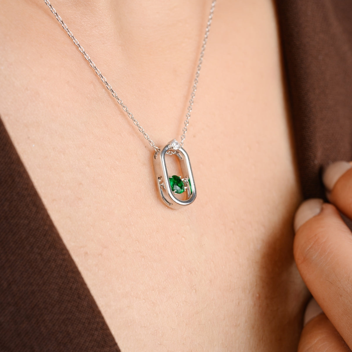 925 Silver Emerald Green CZ Diamond Pendant Charm Necklace