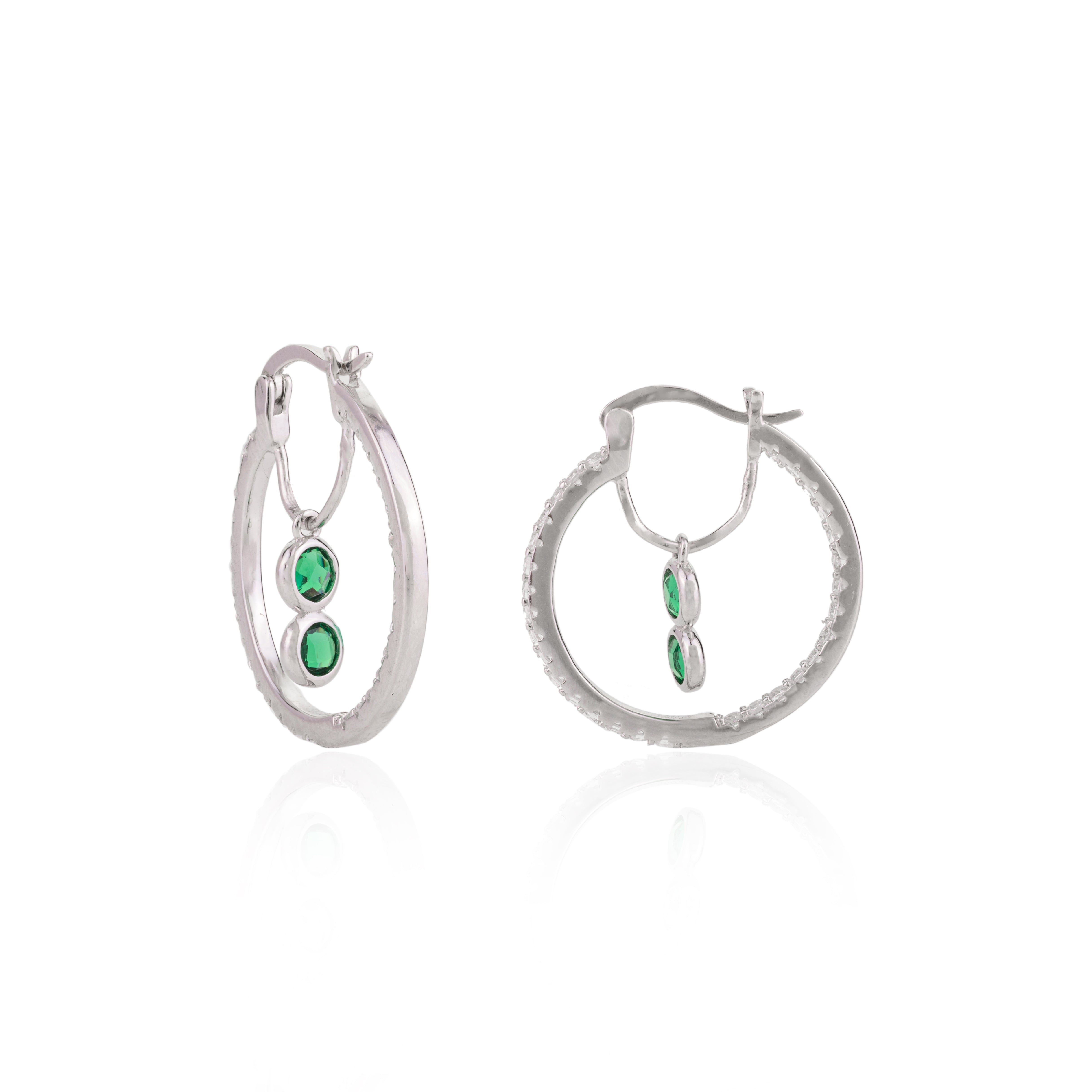 925 Silver Green Cz Drops Bali Hoop Earrings