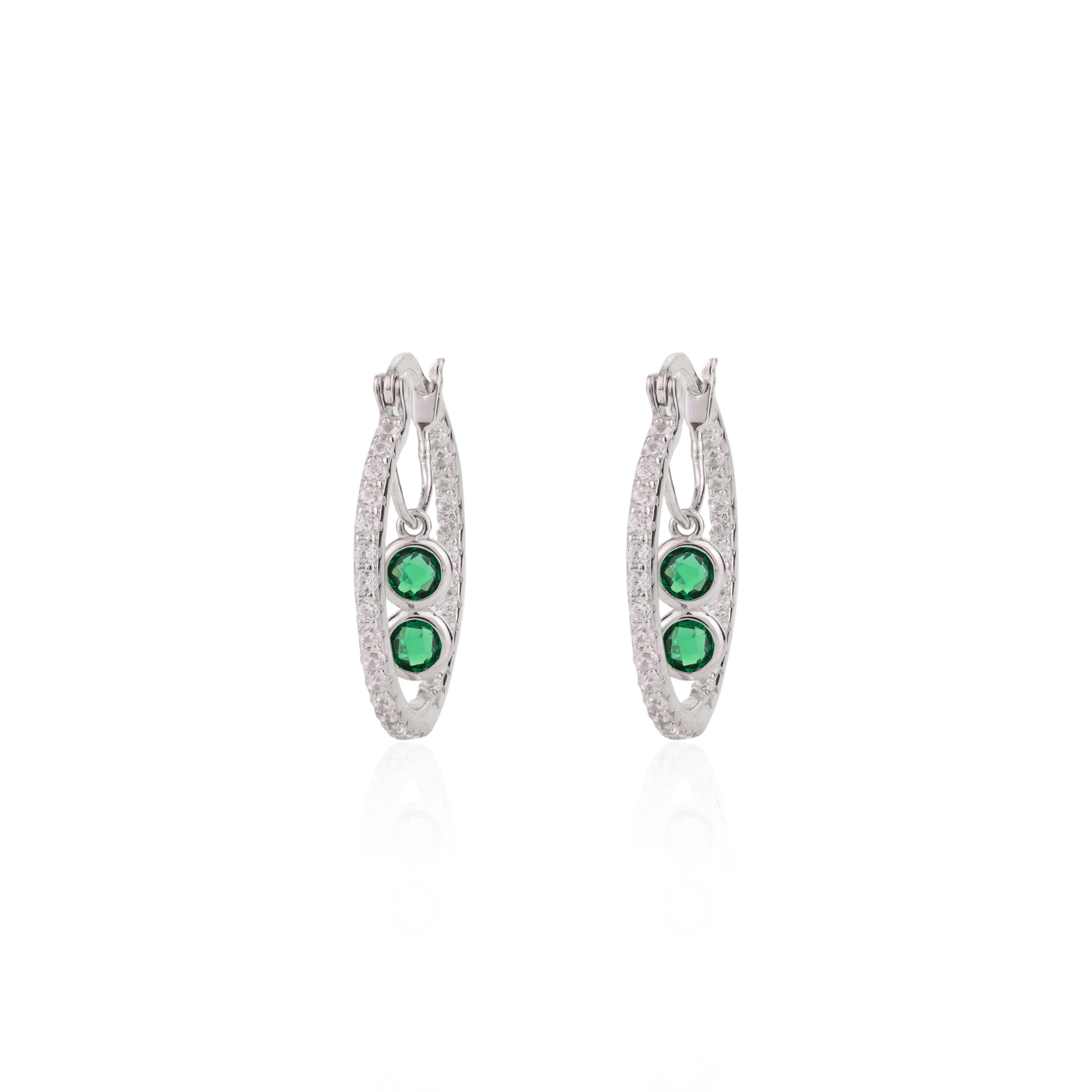 925 Silver Green Cz Drops Bali Hoop Earrings