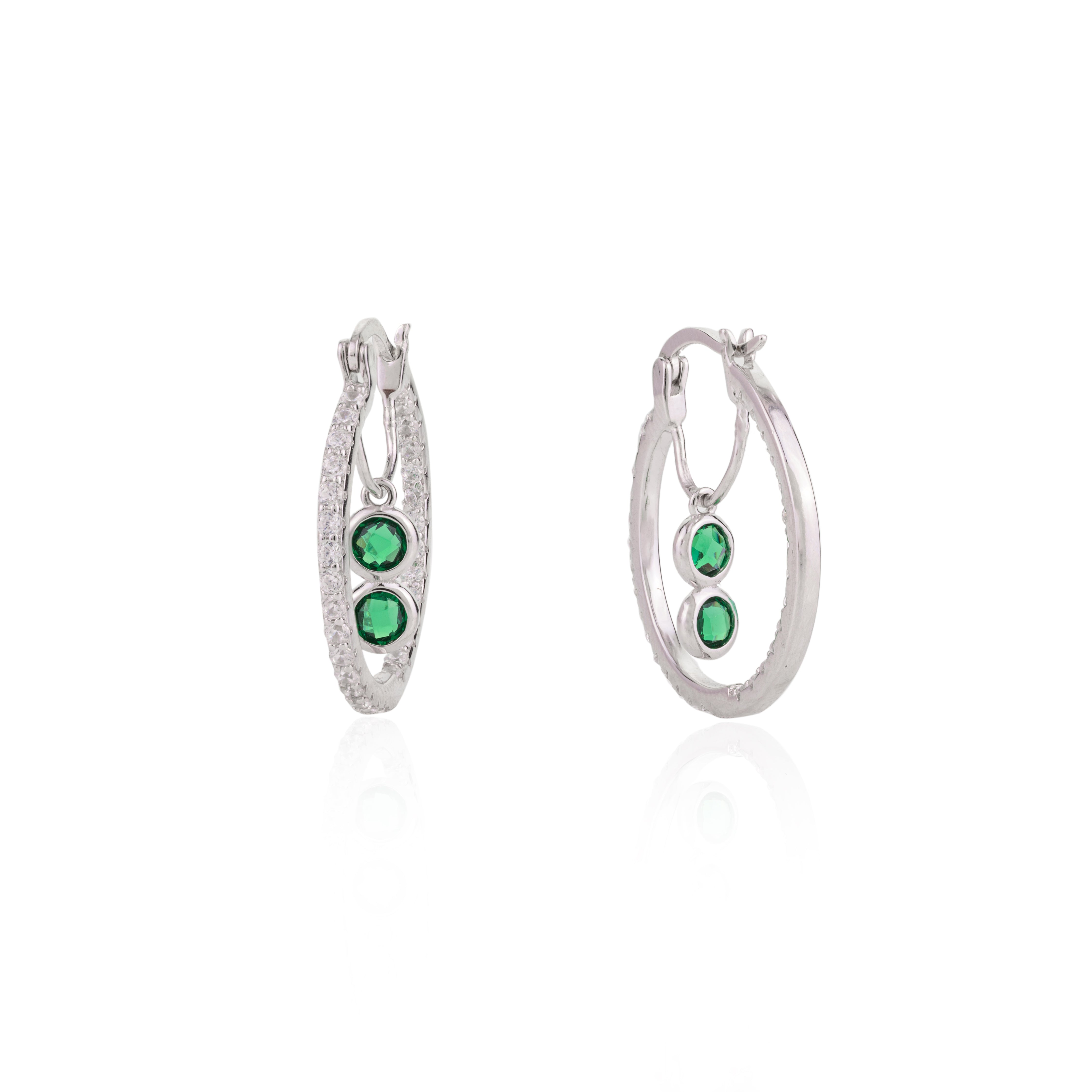 925 Silver Green Cz Drops Bali Hoop Earrings