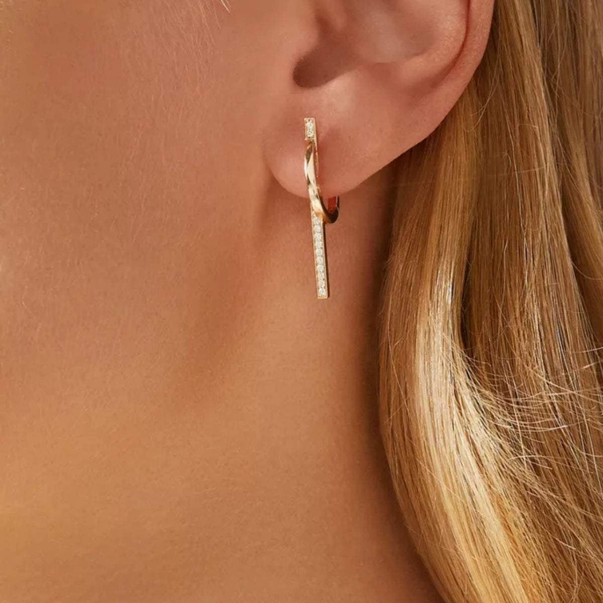 925 Silver Hoop Earrings with Moving Gold Bar Charms