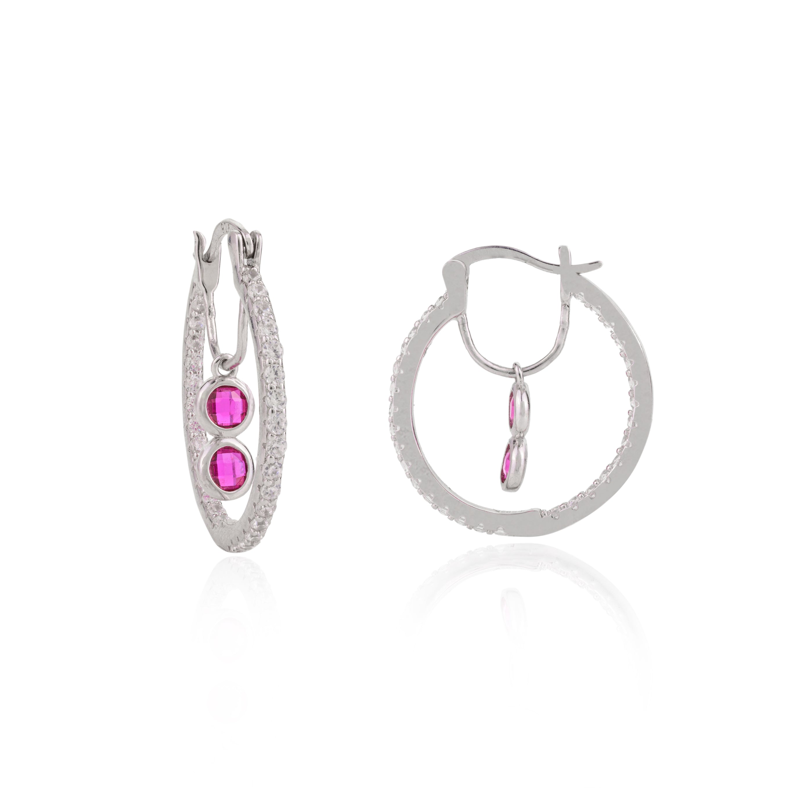 925 Silver Pink Cz Diamond Drop Bali Hoop Earrings