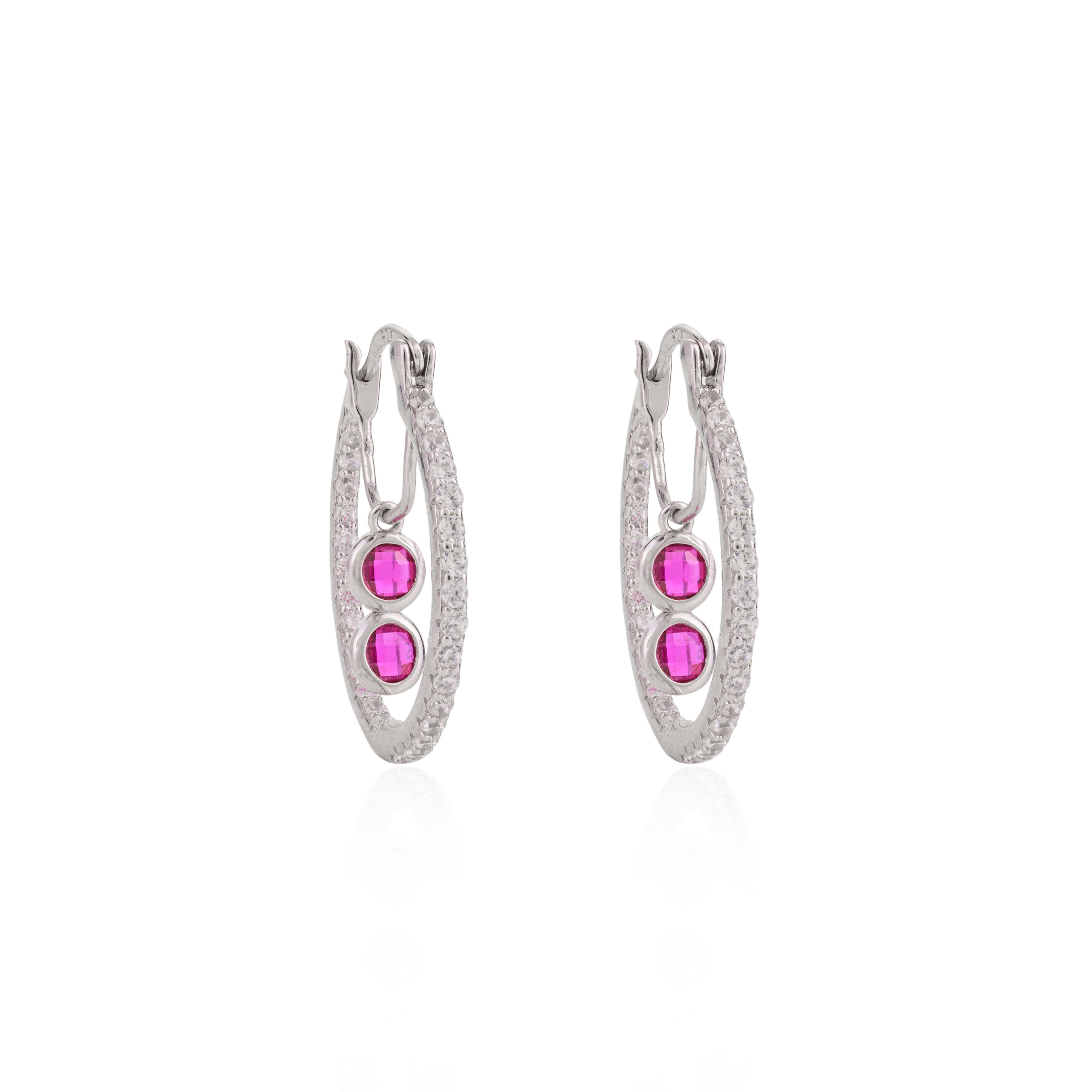 925 Silver Pink Cz Diamond Drop Bali Hoop Earrings