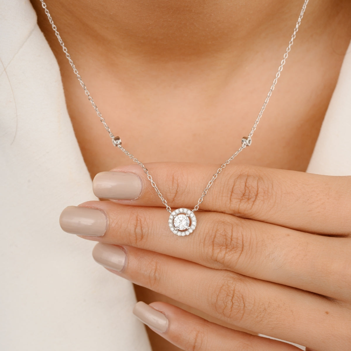 925 Silver Round Cz Halo Diamond Necklace for Women