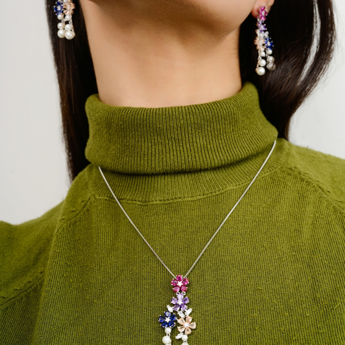 925 Silver Sparkling Pearl Necklace Set with Floral CZ Crystal Earrings