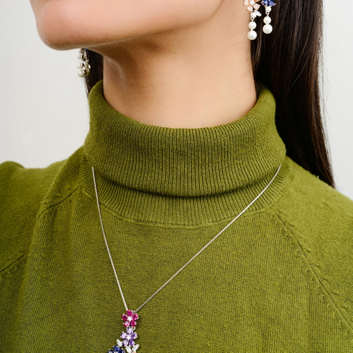925 Silver Sparkling Pearl Necklace Set with Floral CZ Crystal Earrings