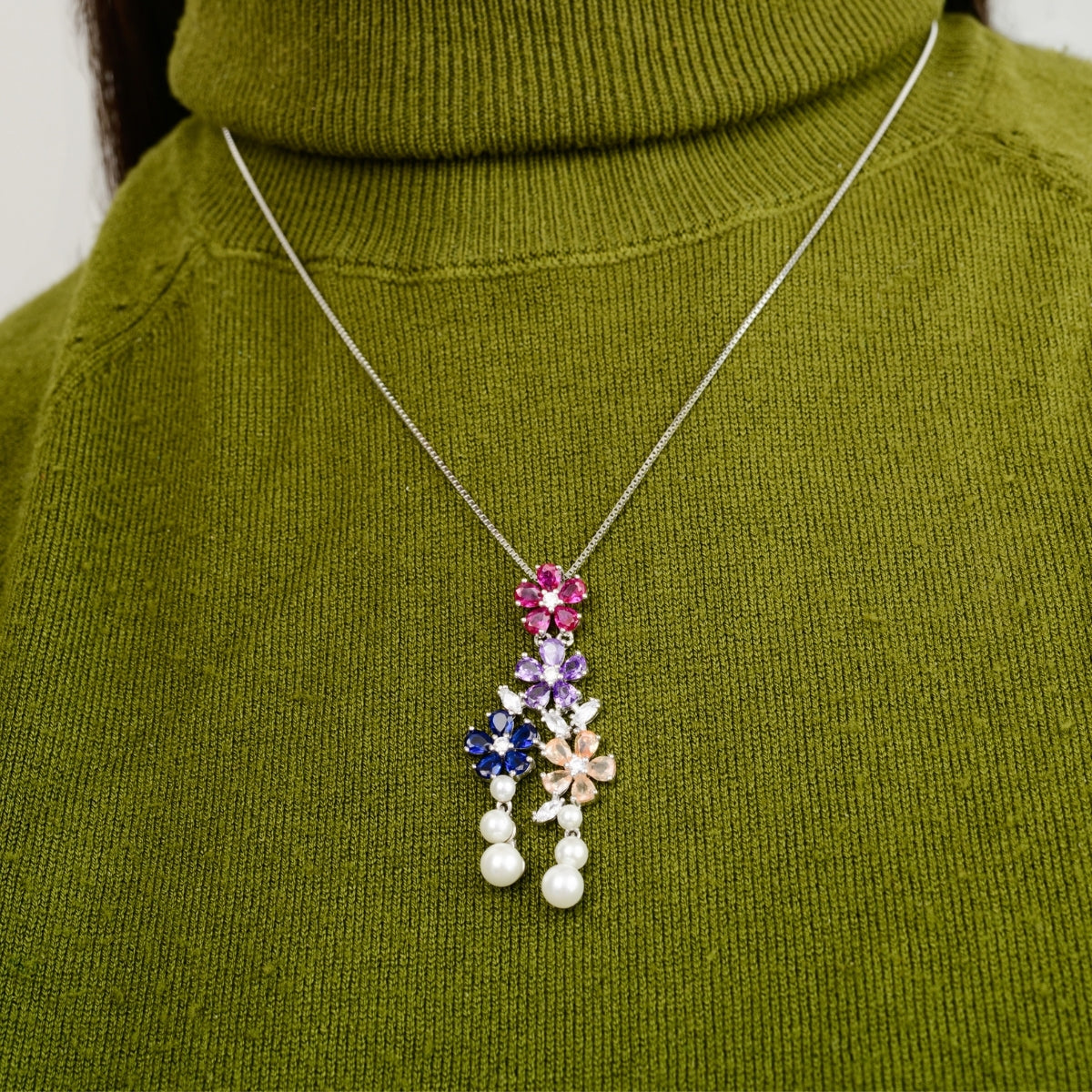 925 Silver Sparkling Pearl Necklace Set with Floral CZ Crystal Earrings