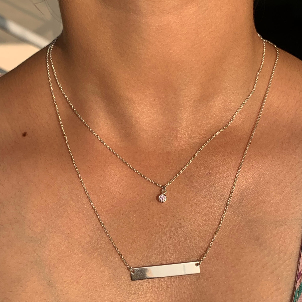 925 Silver Couple Necklace Set with Dainty CZ Diamond Bar Pendant