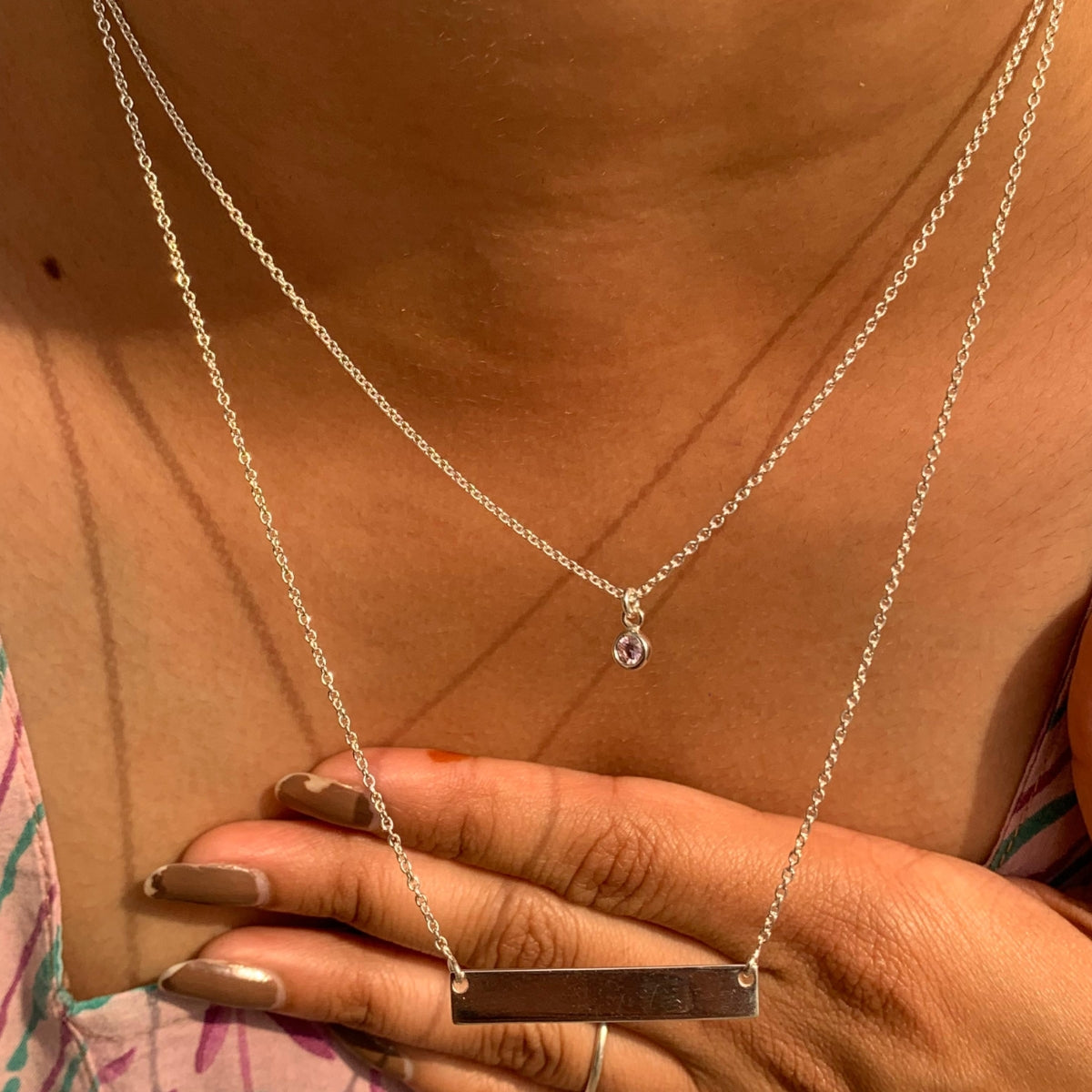 925 Silver Couple Necklace Set with Dainty CZ Diamond Bar Pendant