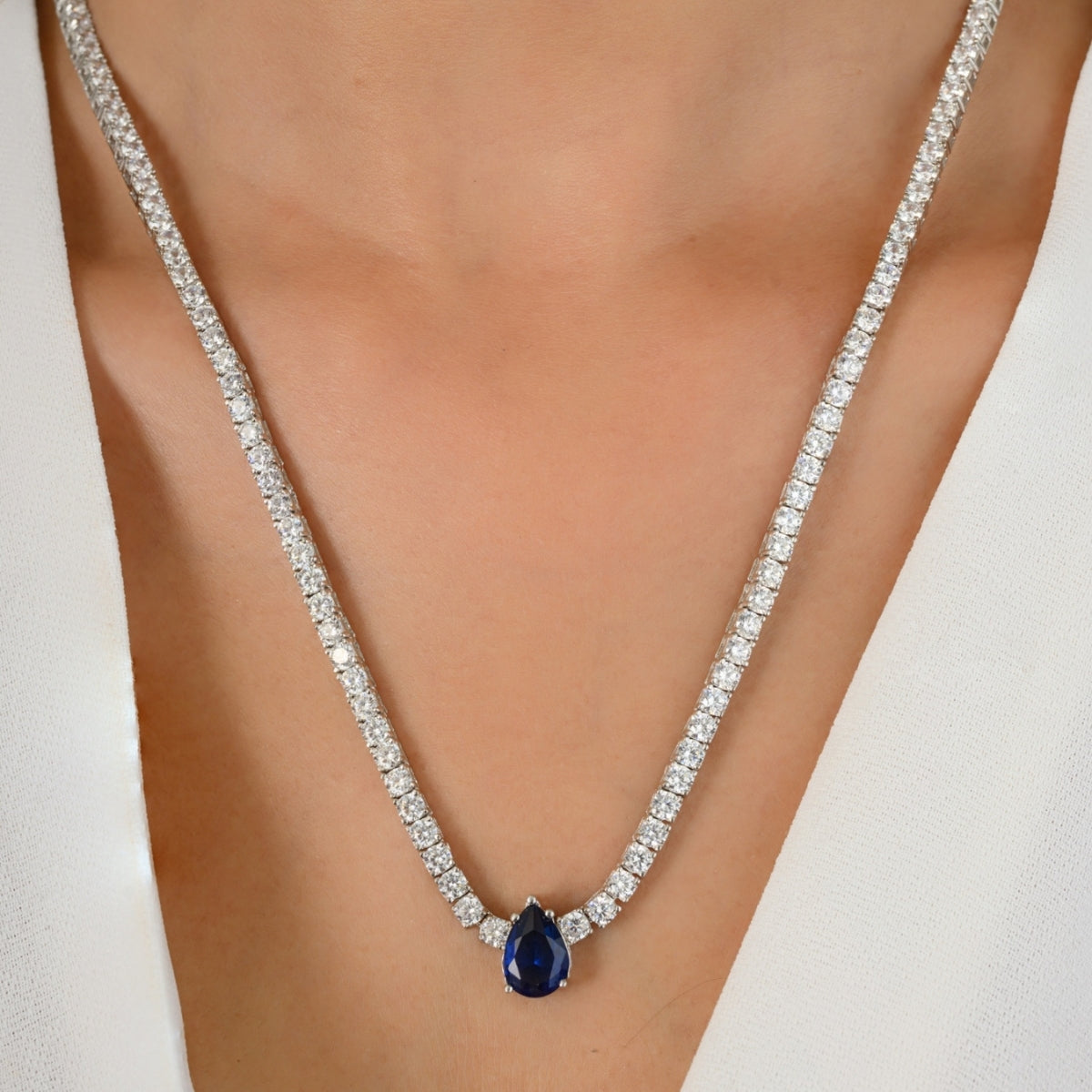 925 Silver Pear Cut Blue Diamond Drop Necklace