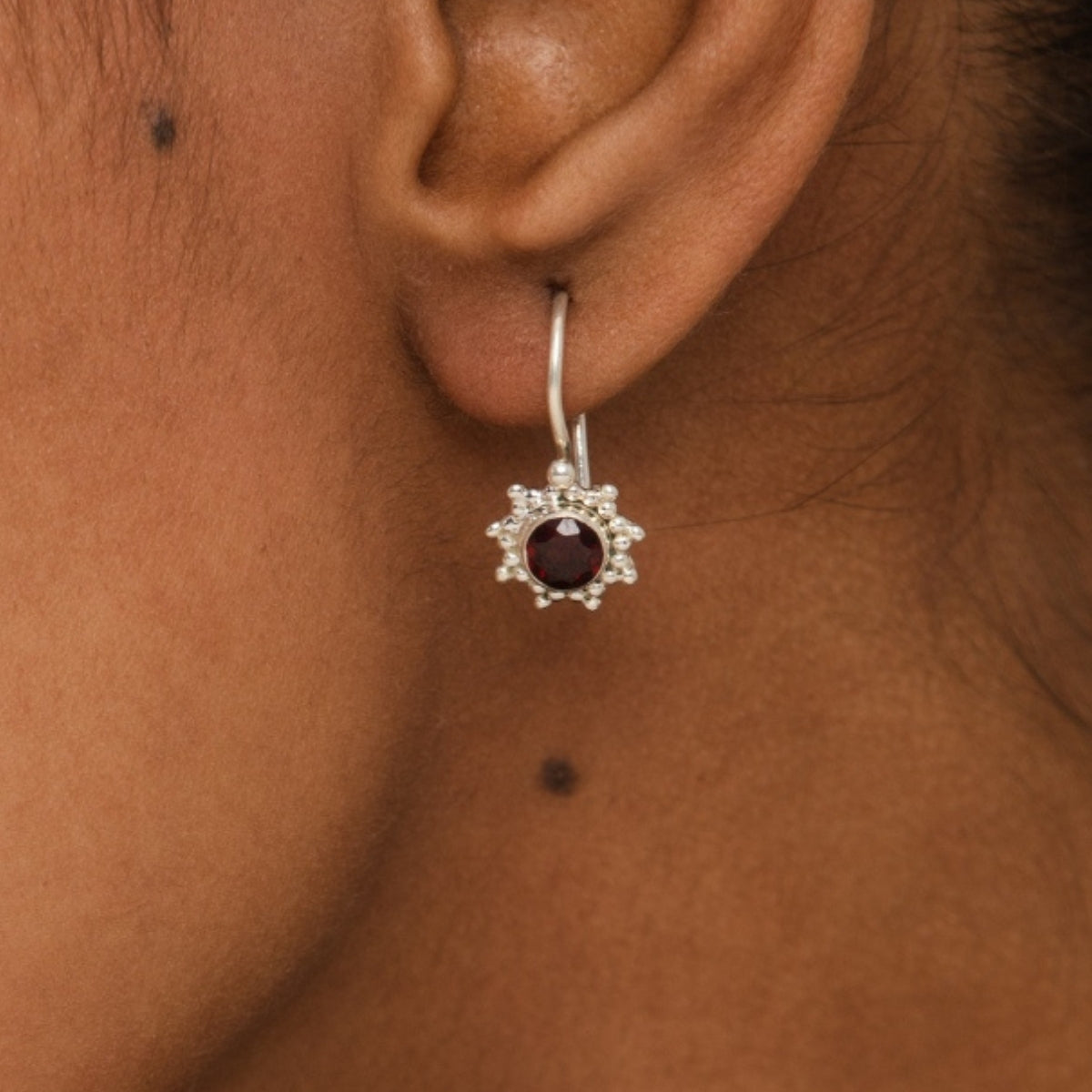 Classy Round Garnet Gemstone Silver Stud Earrings