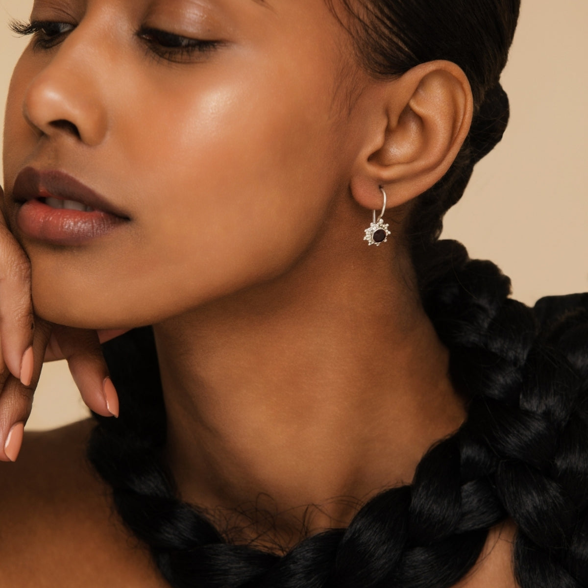 Classy Round Garnet Gemstone Silver Stud Earrings