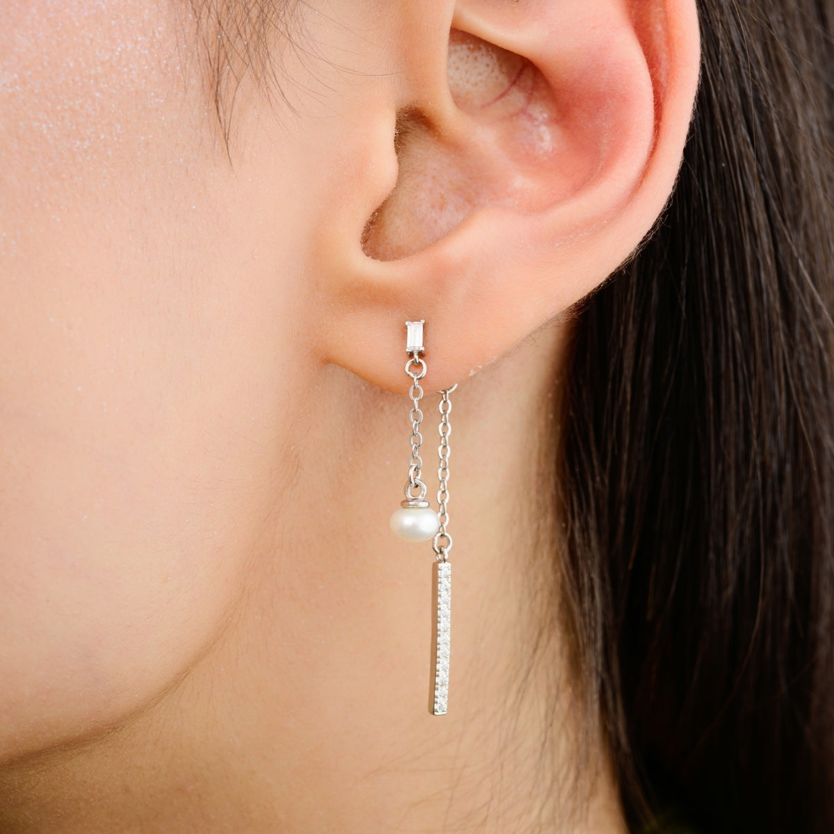 Dazzling Silver Chain Pearl Drop Earrings