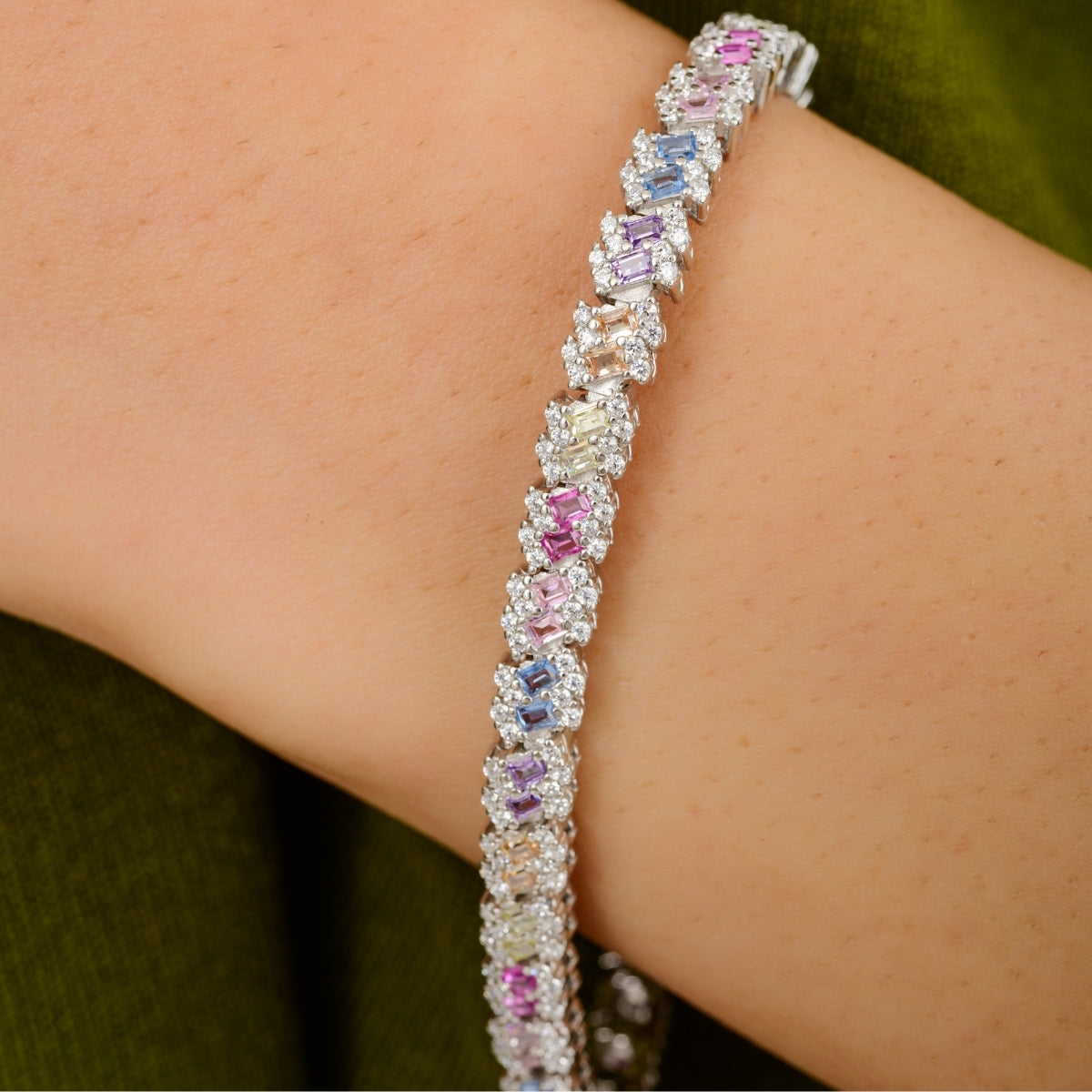 Elegant Cz Baguette Gemstones Silver Tennis Bracelet