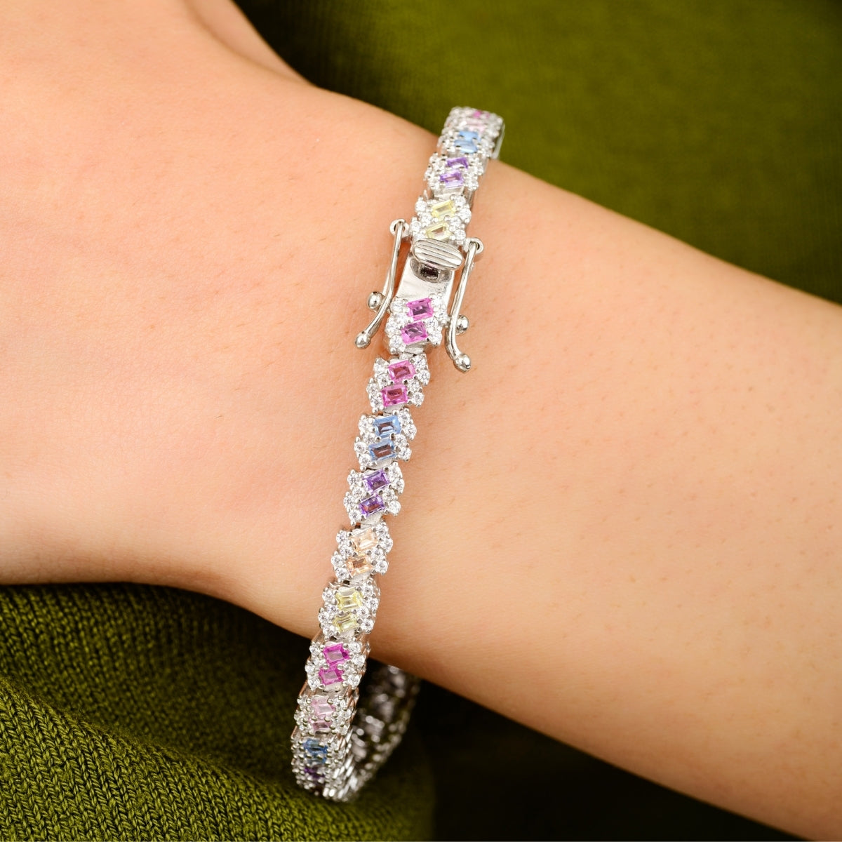 Elegant Cz Baguette Gemstones Silver Tennis Bracelet