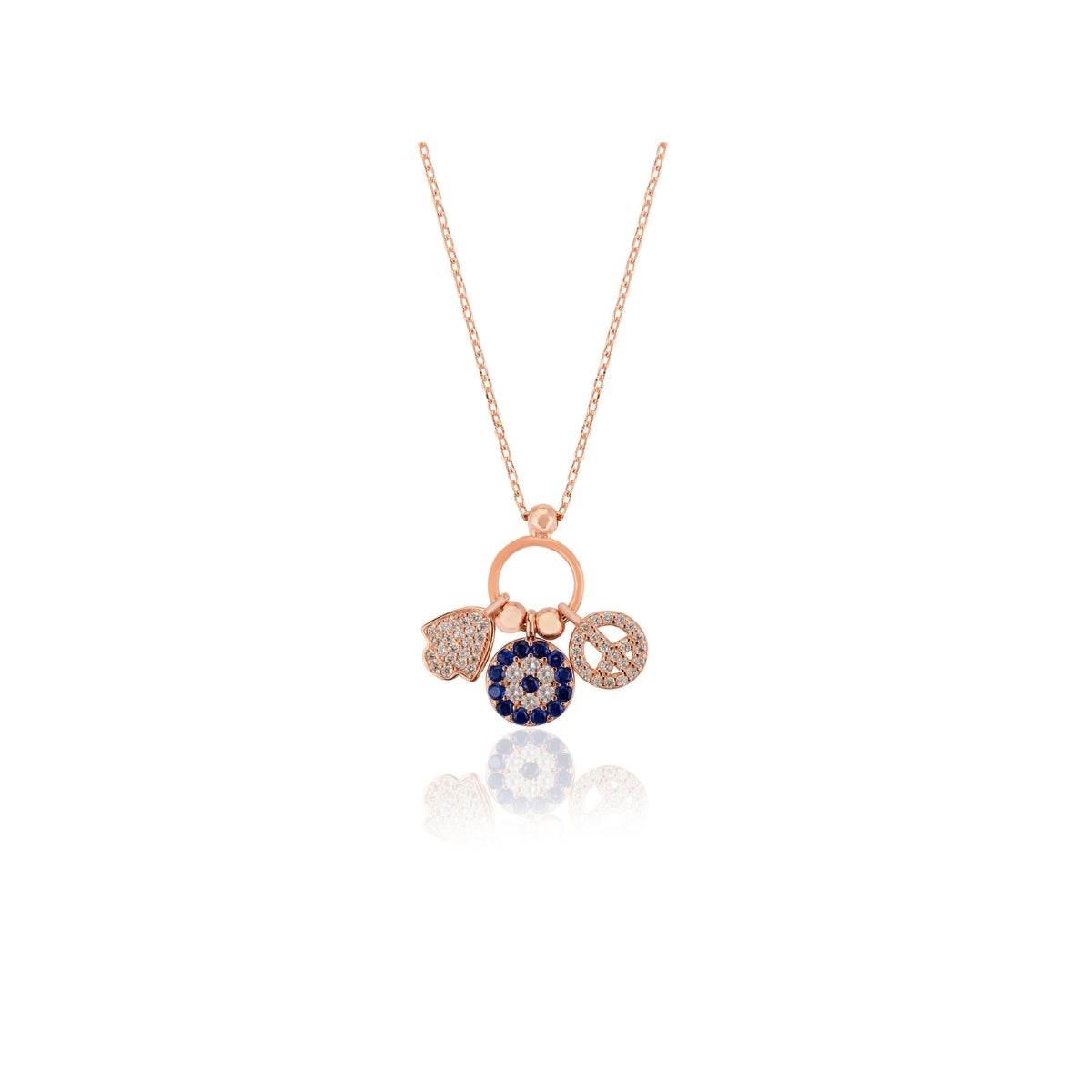 Elegant Rose Gold Evil Eye Multi Charms Necklace in 925 Silver