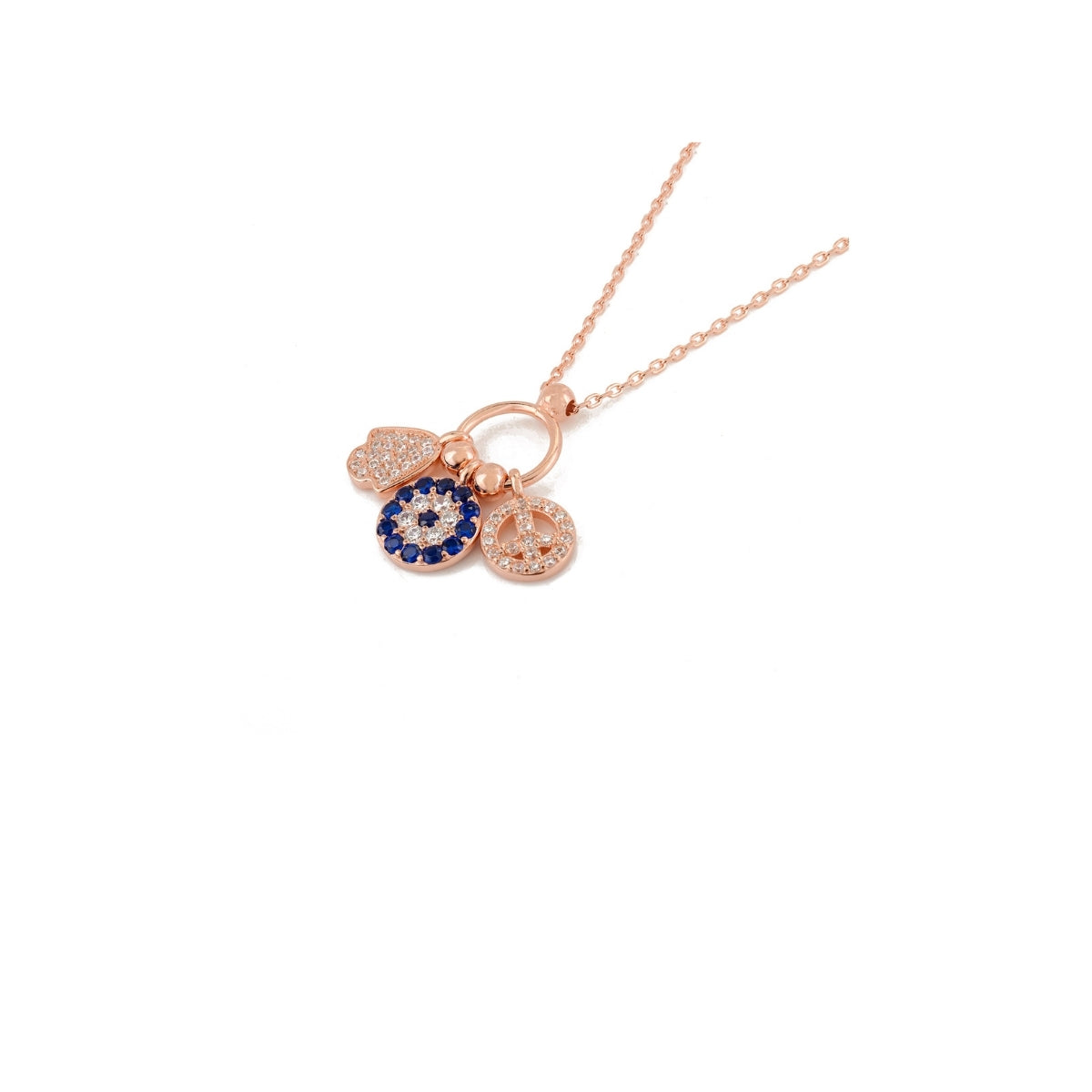 Elegant Rose Gold Evil Eye Multi Charms Necklace in 925 Silver