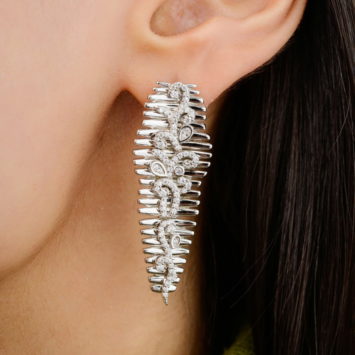 Elegant Silver Leaf Zigzag Dangler Earrings