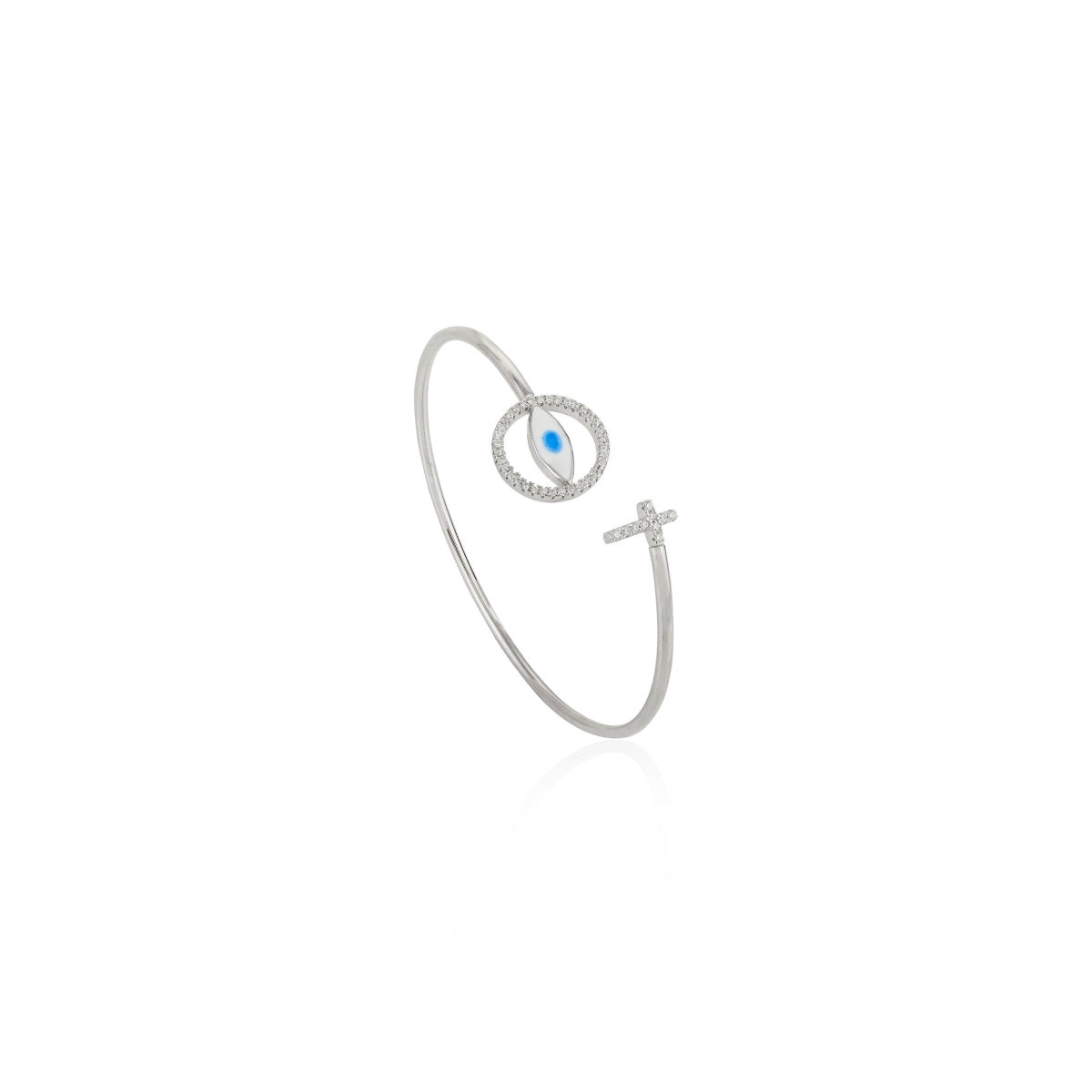 Evil Eye Charm Adjustable Silver Cuff Bangle