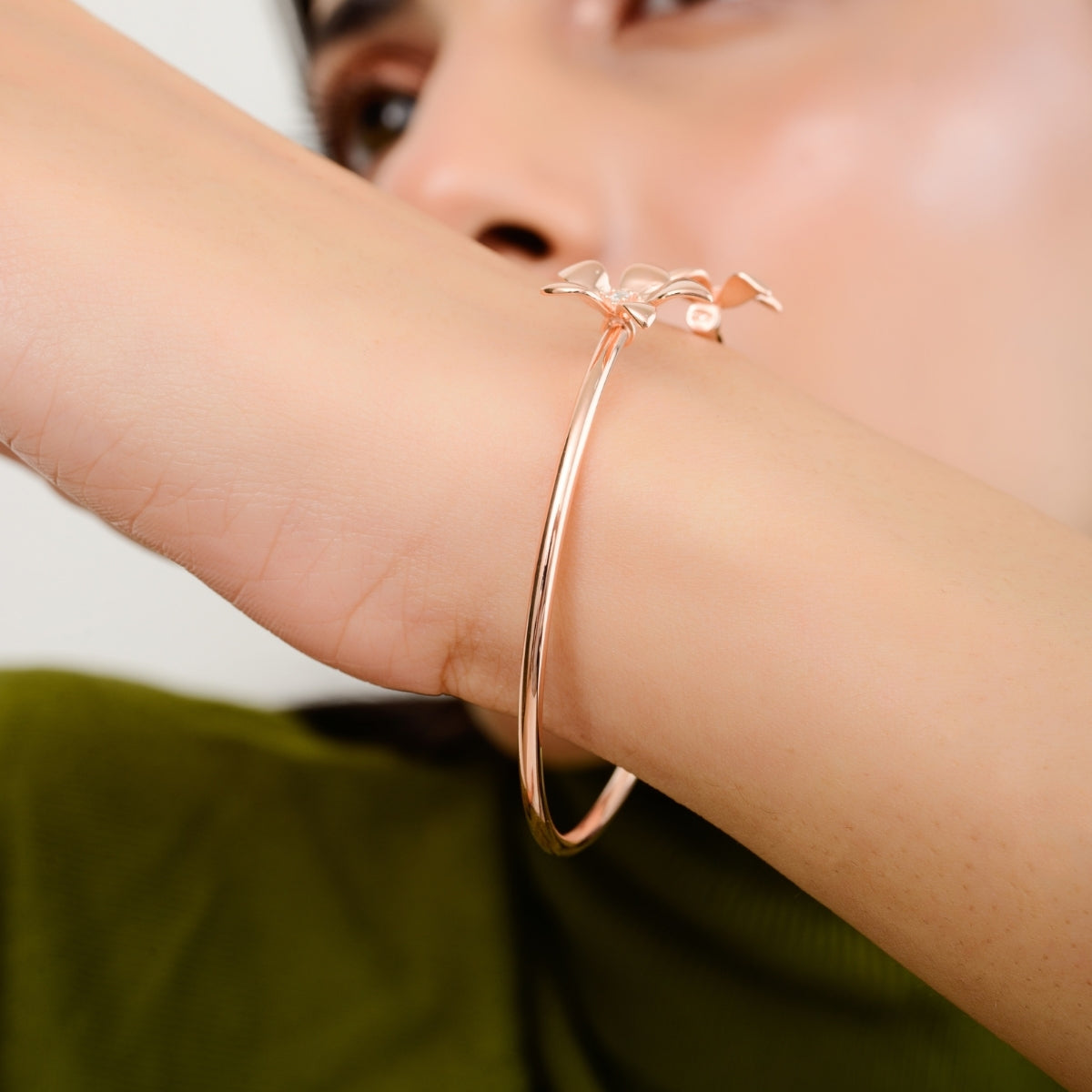 Floral Charm Bangle in Rose Gold Finish