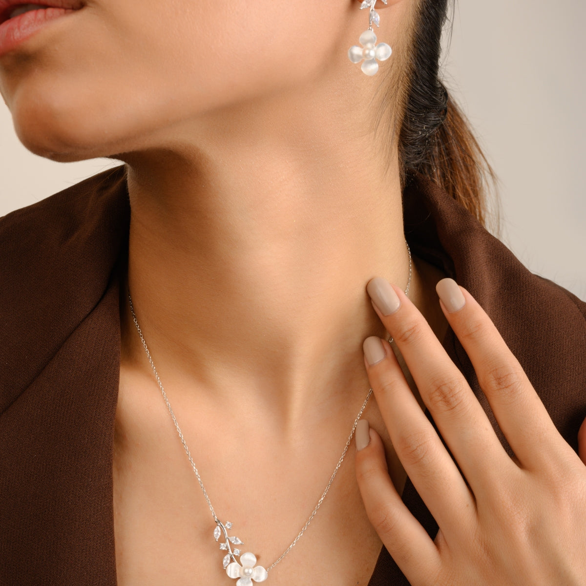 Floral Pearl Necklace with Earrings