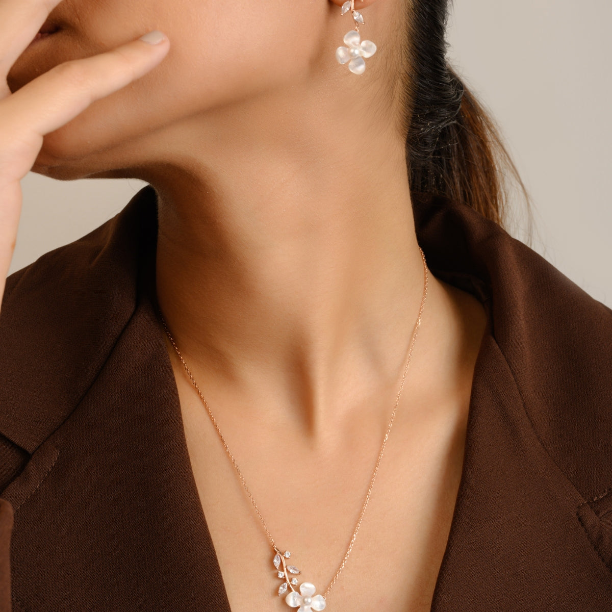 Floral Pearl Necklace with Earrings