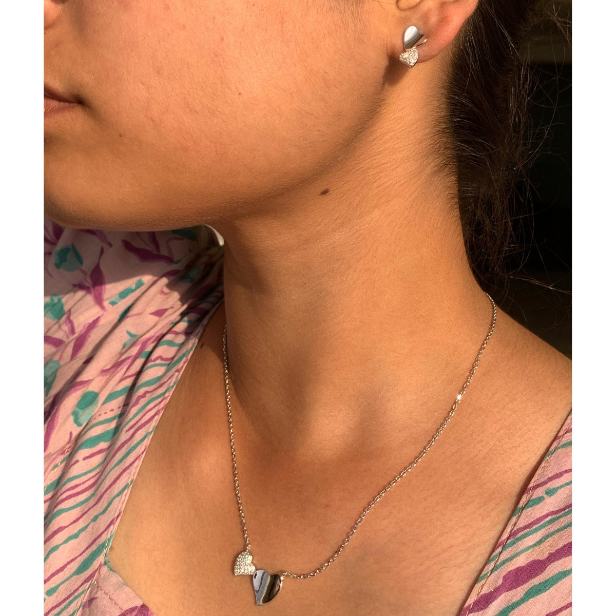 925 Silver Heart Charm Pendant Necklace with Earrings